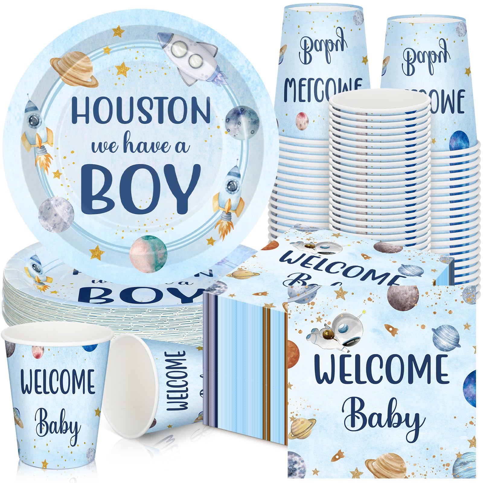 Hushee 200 Pcs Outer Space Baby Shower Paper Plates Napkins Cups Baby Shower Party Supplies Tableware Set Disposable Cup Napkin 
