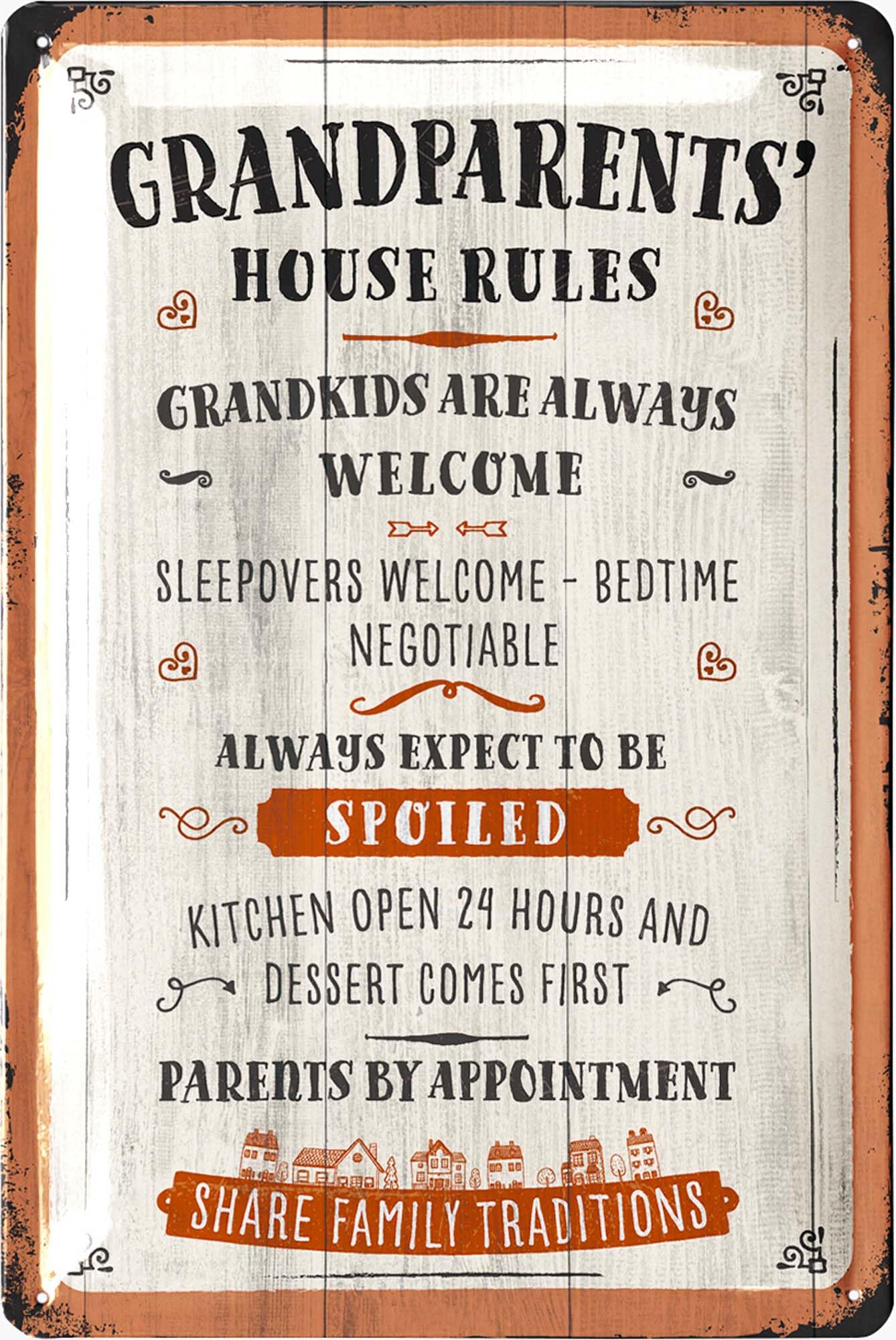 LANOLU Grandparents House Rules, Vintage Tin Sign in Wood Sign-design for Grandpa & Grandma, Grandkids Welcome, Family Wall Deco