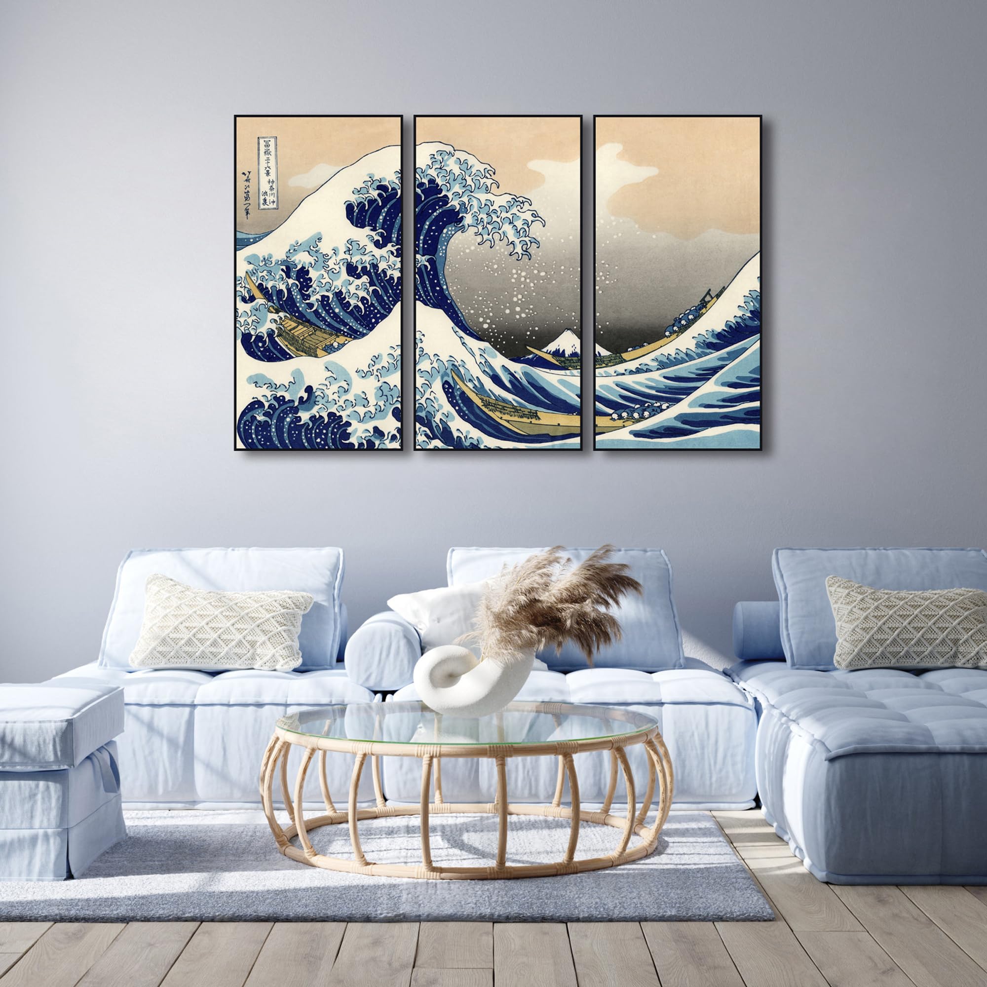 Wieco Art Large Black Aluminum Framed Art 3 Panel Great Wave Of Kanagawa Katsushika Hokusai Canvas Prints Wall Art Abstract Seas