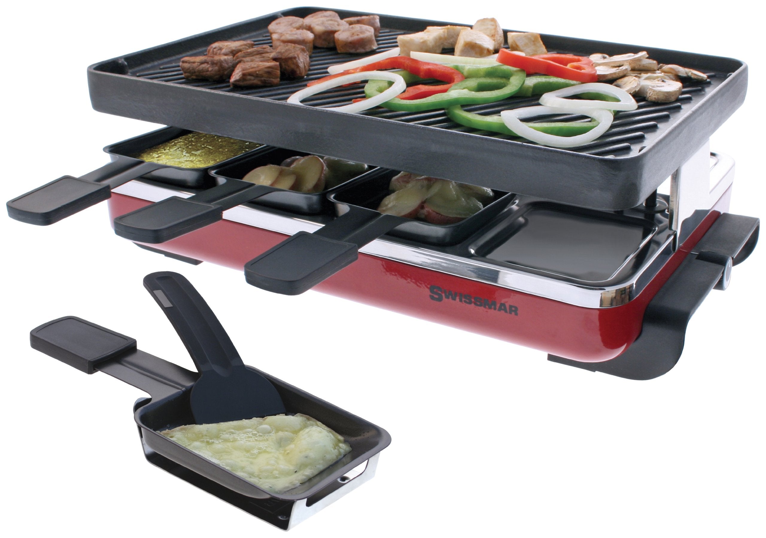 Swissmar Classic 8-Person Raclette Party Grill With Reversible Cast Iron Grill Plate/Crepe Top, Indoor Electric Raclette Grill &