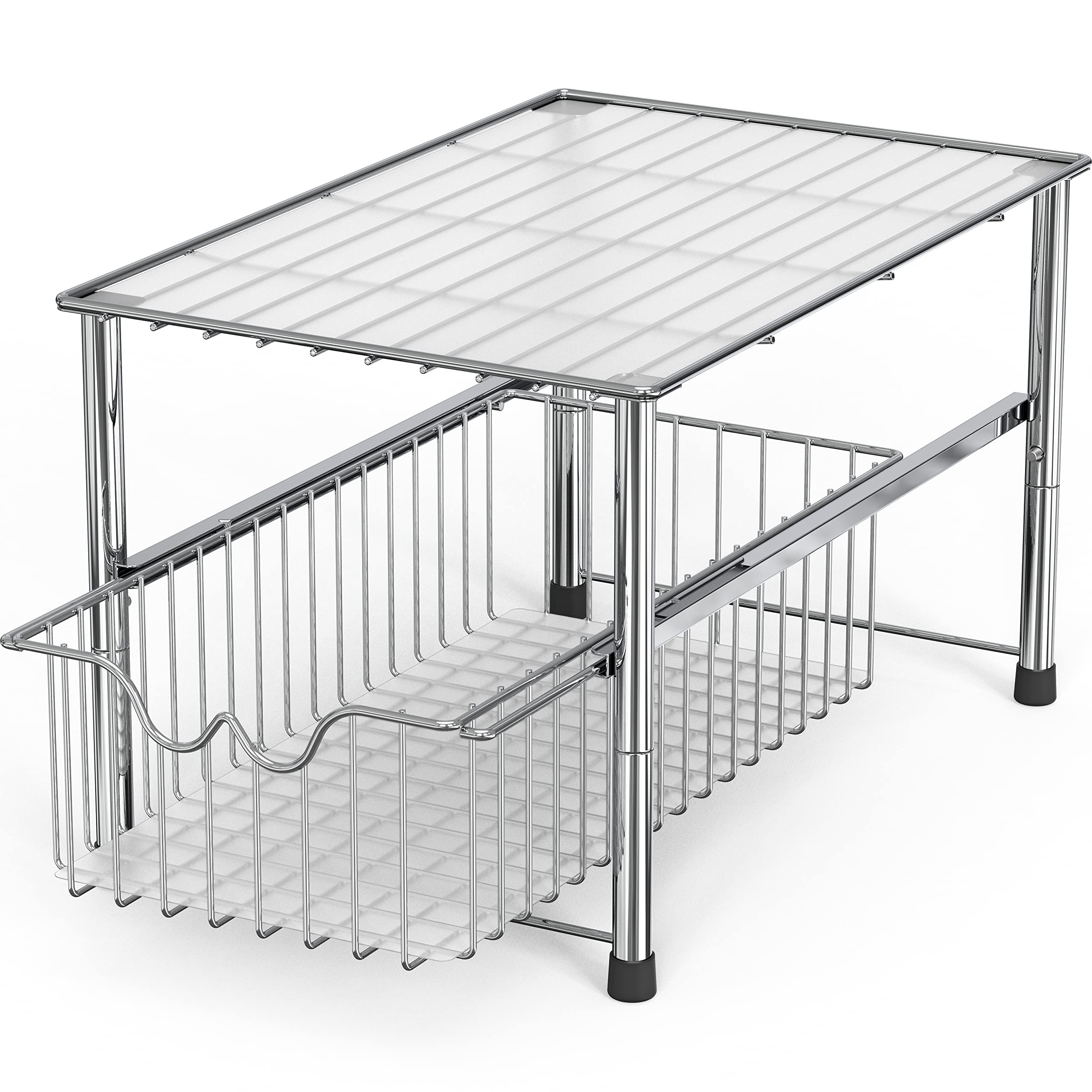 Deco Brothers Stackable Under Sink Organizer - Chrome Alloy Steel with Sliding Basket, Model BK-020-1
