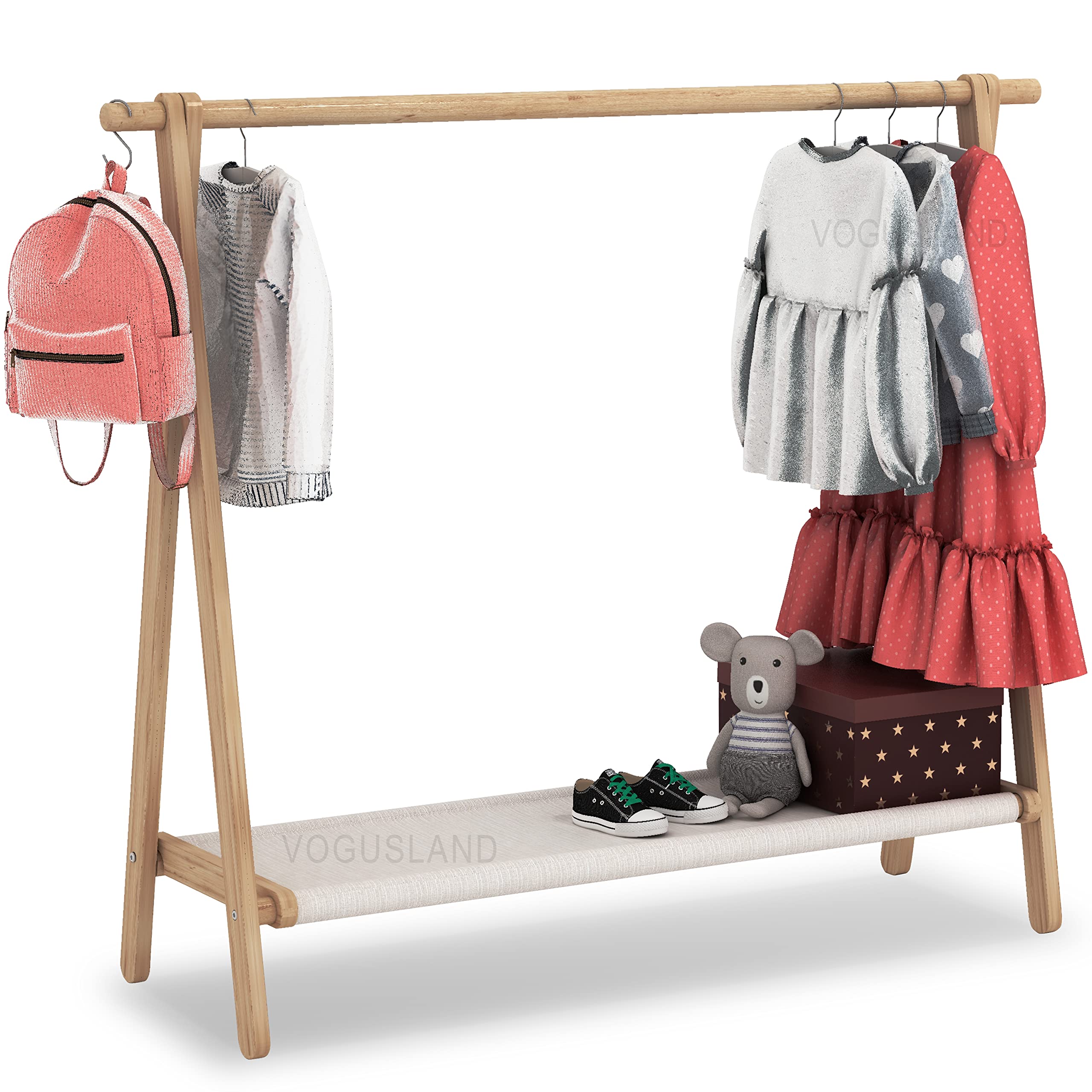 Vogusland Dress Up Rack, Child Garment Rack, Kids Clothing Rack With Storage Shelf (Natural Beech, 47.5 '' L X 14.5 '' W X 40 ''
