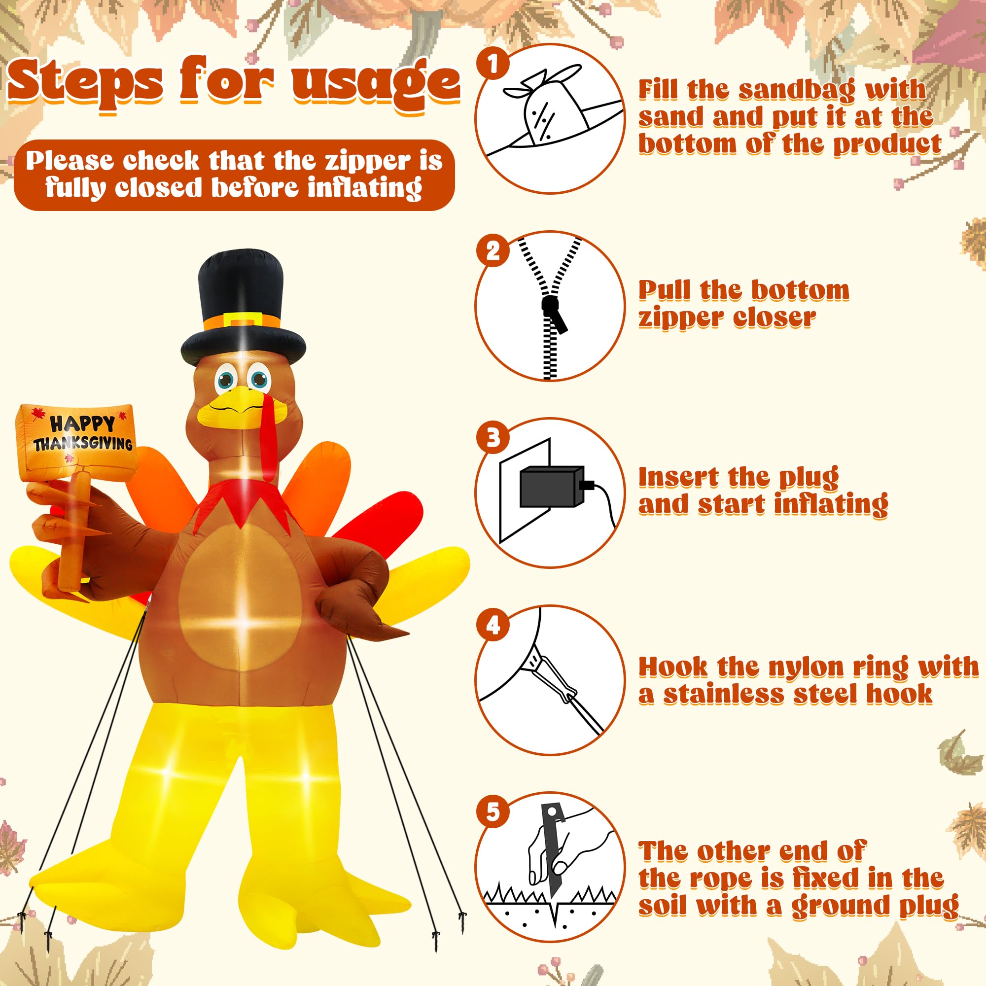 12FT Inflatable Turkey, LED Lighted Turkey Holding Happy Thanksgiving Sign for Fall Autumn Outdoor Yard Lawn Harvest Decor