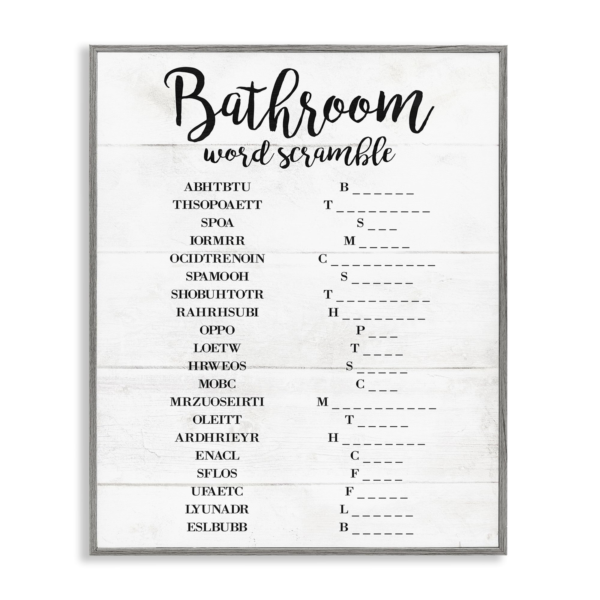 Stupell Industries Bathroom Word Scramble White and Black Word Design, Framed Giclee Art, Gray, 24 x 30 Inches, Easy to Hang a