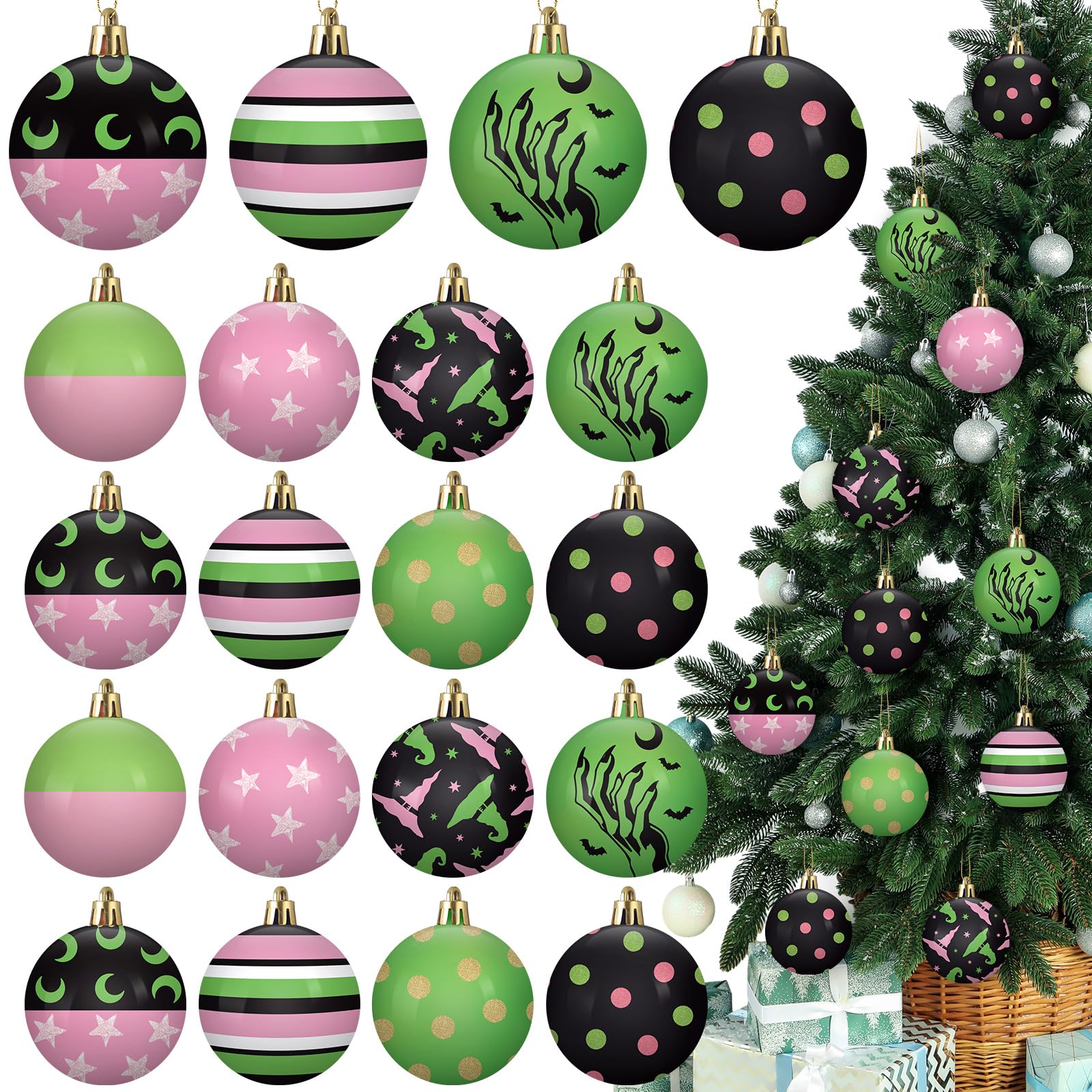 Janinka 24 Pcs Christmas Tree Ball Ornaments 2.4 Inch Witch Pink and Green Plastic Hanging Ornaments Pendants Baubles for Xmas T