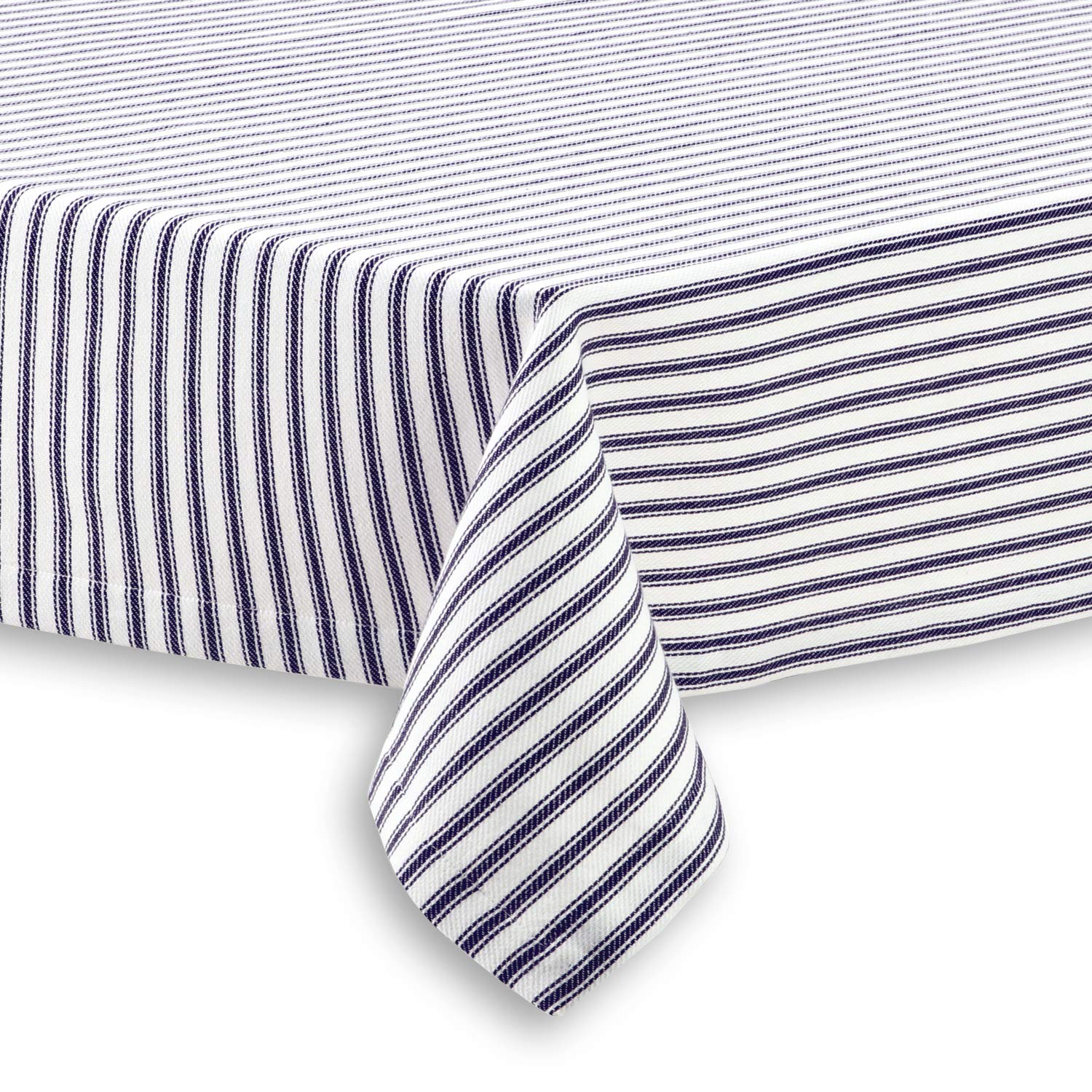 Cackleberry Home Navy Blue and White Ticking Stripe Woven Cotton Fabric Tablecloth, 60 Round