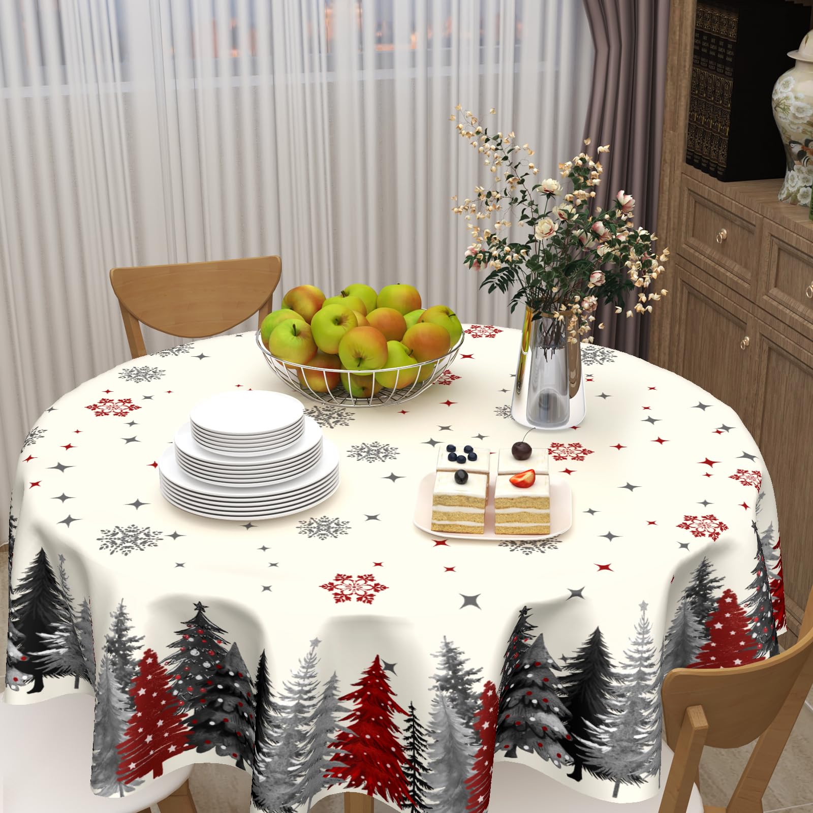 ABSOP Christmas Snowflake Round Tablecloth Cream Tablecloth 60 Inch Gary and Red Tree Pattern Circle Table Cloth Winter Holiday