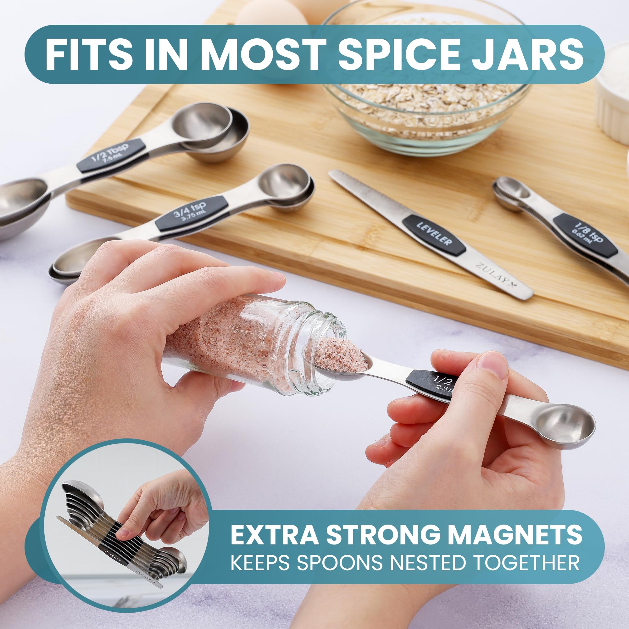 Zulay Heavy Duty Stainless Steel Measuring Spoons With Easy To Read, Slim Design For Narrow Spice Jars, 6 Piece Measuring Spoons