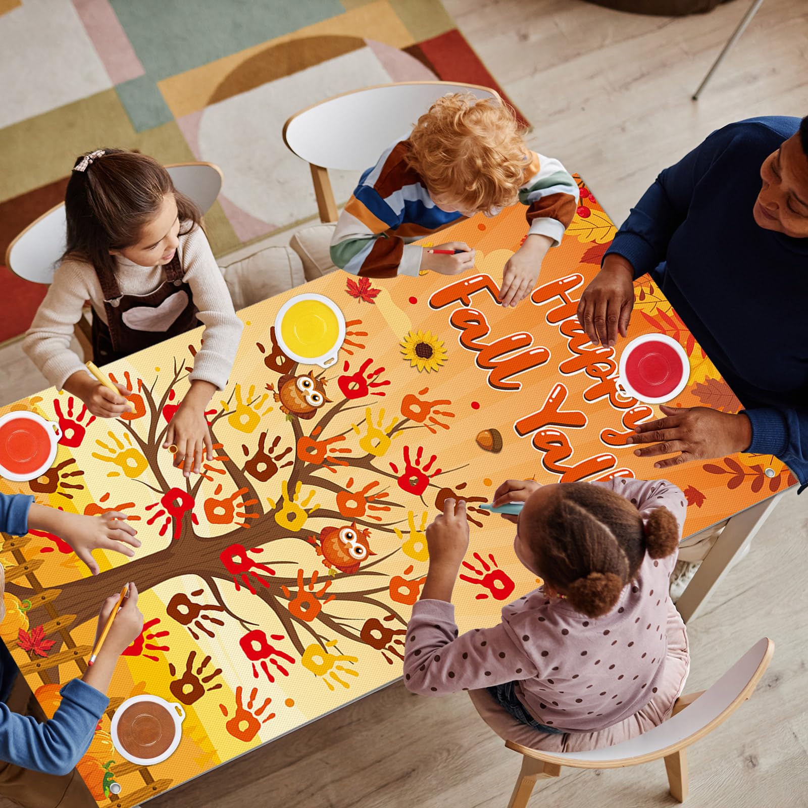 71 x 35 Inch Happy Fall Yall Door Cover Thanksgiving Tree Backdrop DIY Autumn Colorful Handprint Craft Bulletin Board with 4 PC