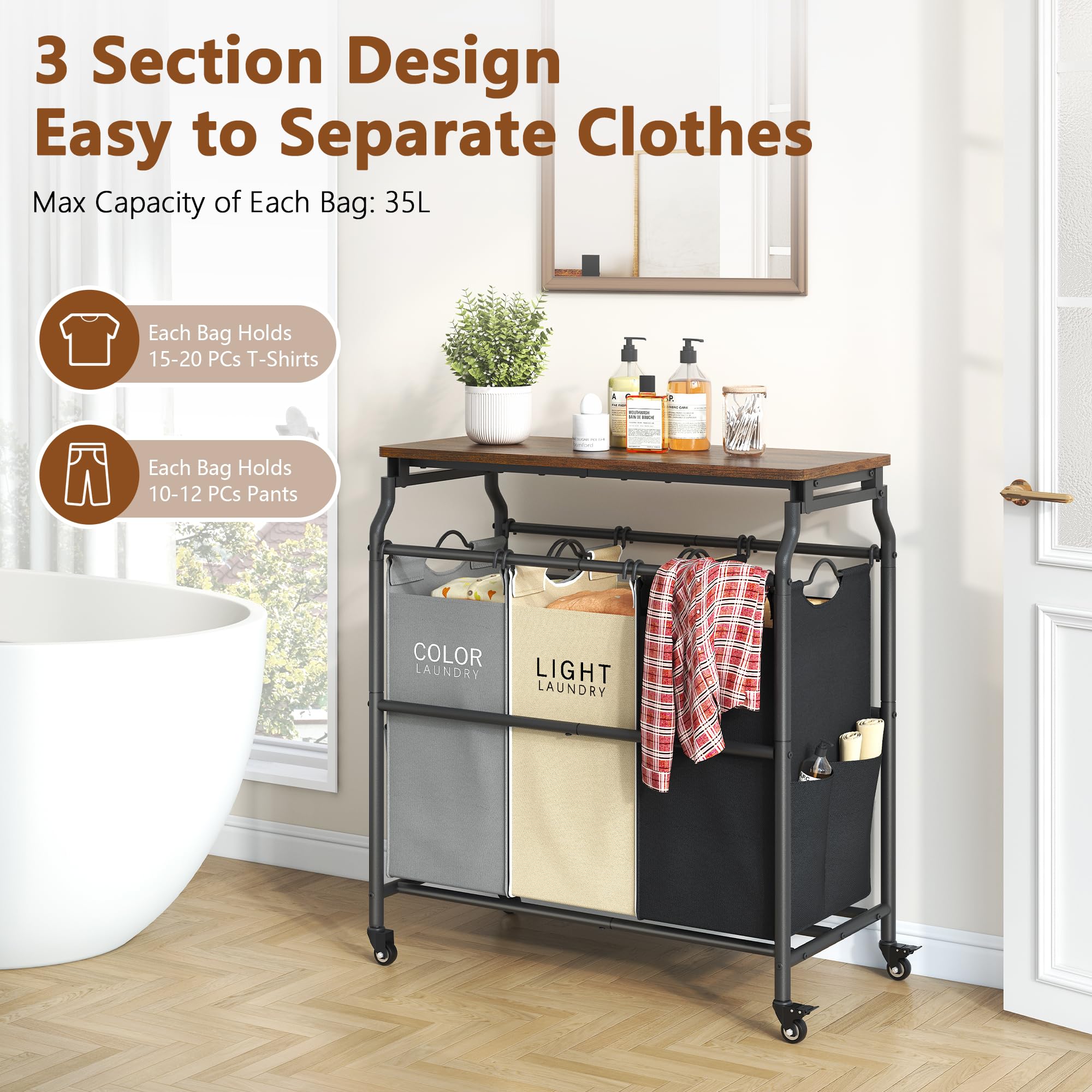 Hoctieon 3 Section Laundry Sorter Cart With Ironing Board, Laundry Hamper With Shelf And Wheels, Heavy Duty Laundry Basket Organ