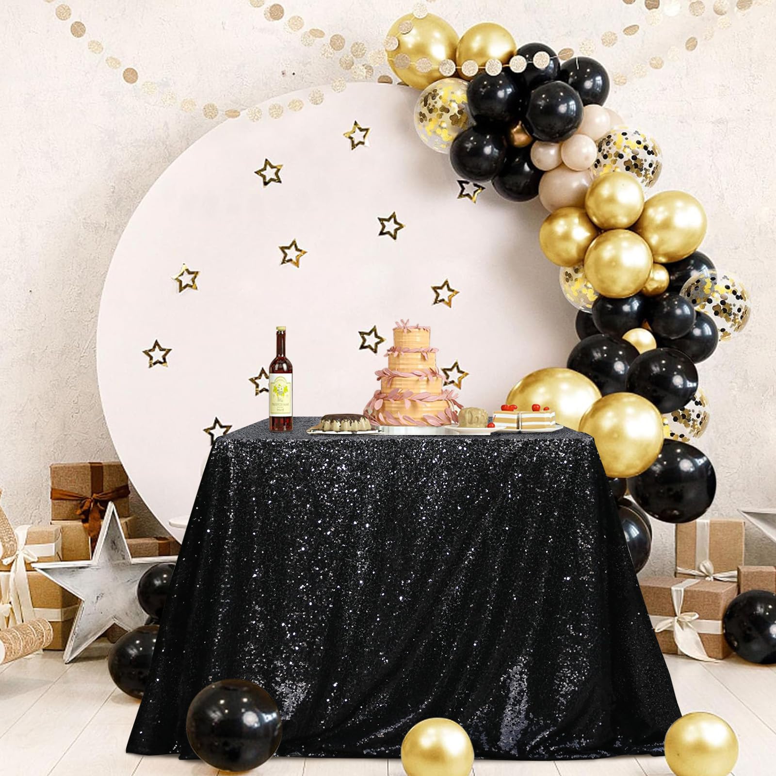 Partydelight Sequin Tablecloth, Wedding, Sweetheart, Christmas Tree, Rectangular, 48''X72'', Black