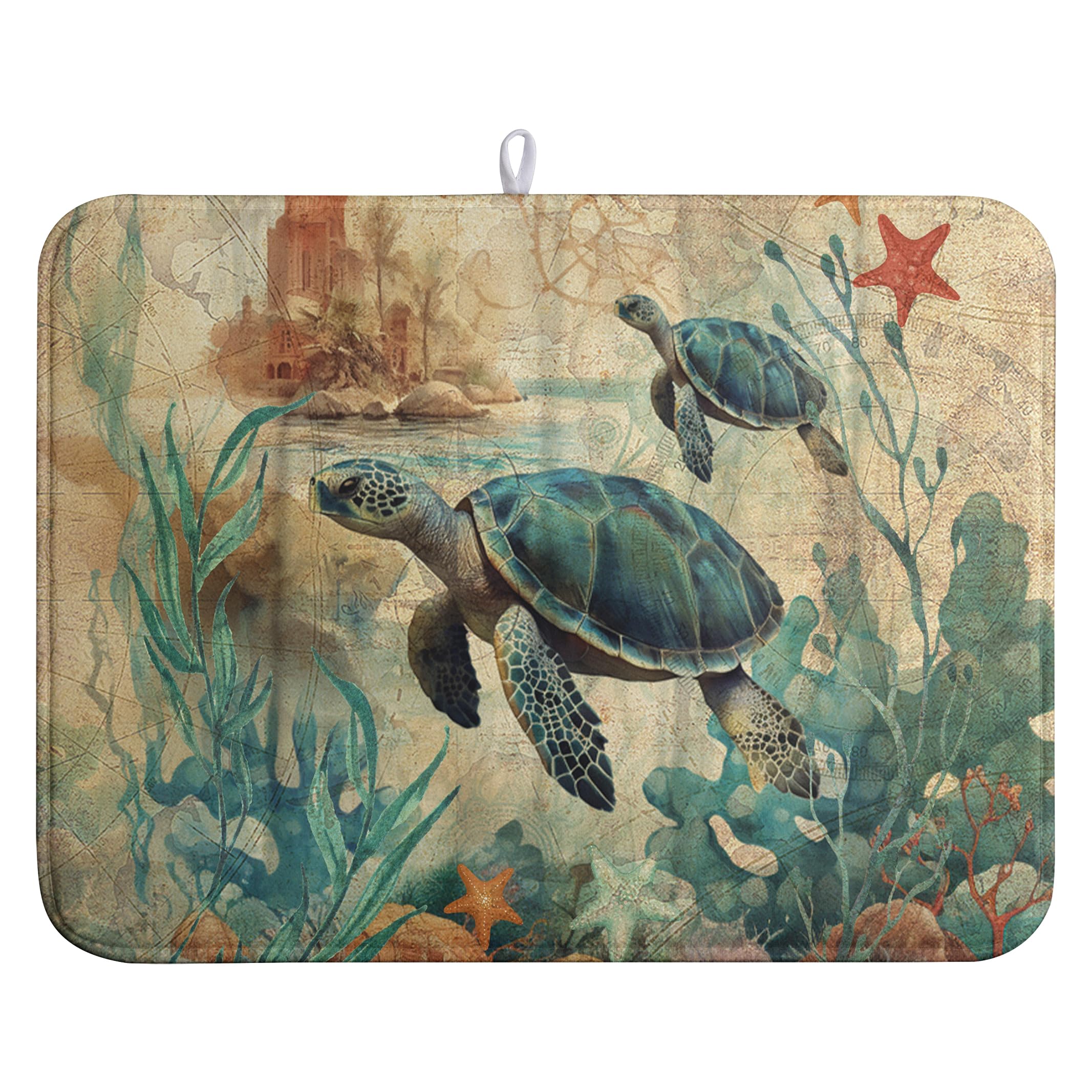 Wnoesat Sea Turtle Dish Drying Mat for Kitchen Counter Vintage Ocean Animal Microfiber Absorbent Dish Drainer Rack Mat Nautical 