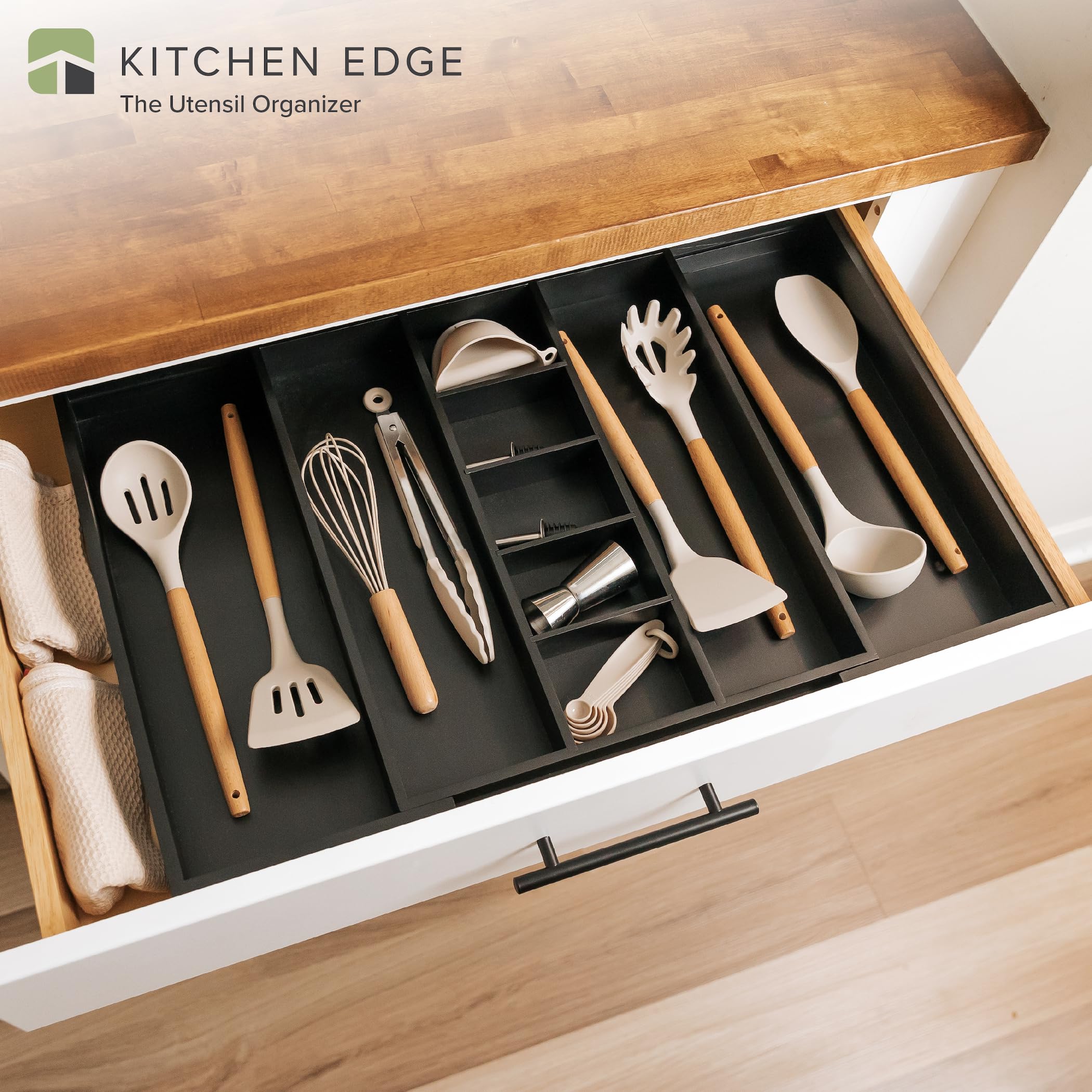 Kitchenedge Adjustable Kitchen Drawer Organizer For Utensils And Junk, Expandable To 33 Inches Wide, 9 Compartments, 100% Bamboo