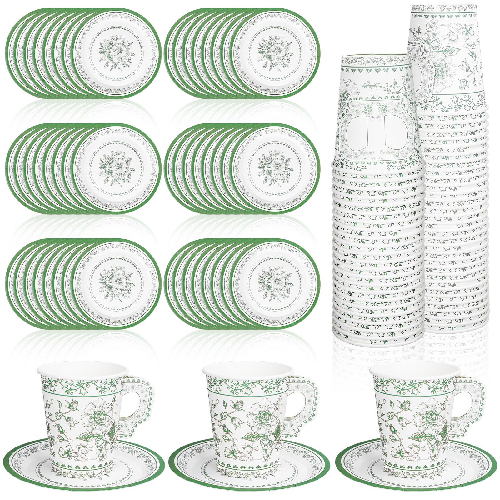 Whaline 80 Pcs Green White Floral Paper Tea Cups and Saucers Chinoiserie Flower 9oz Disposable Teacups with Handle and Dessert P