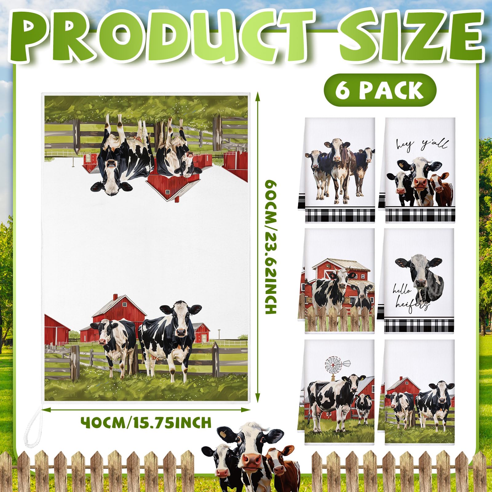 Bencailor 6 Pcs Cow Kitchen Towels Farm Animal Dish Towels 24'' X 16'' Farm Cow Buffalo Plaid Hand Towels Farmhouse Absorbent Te
