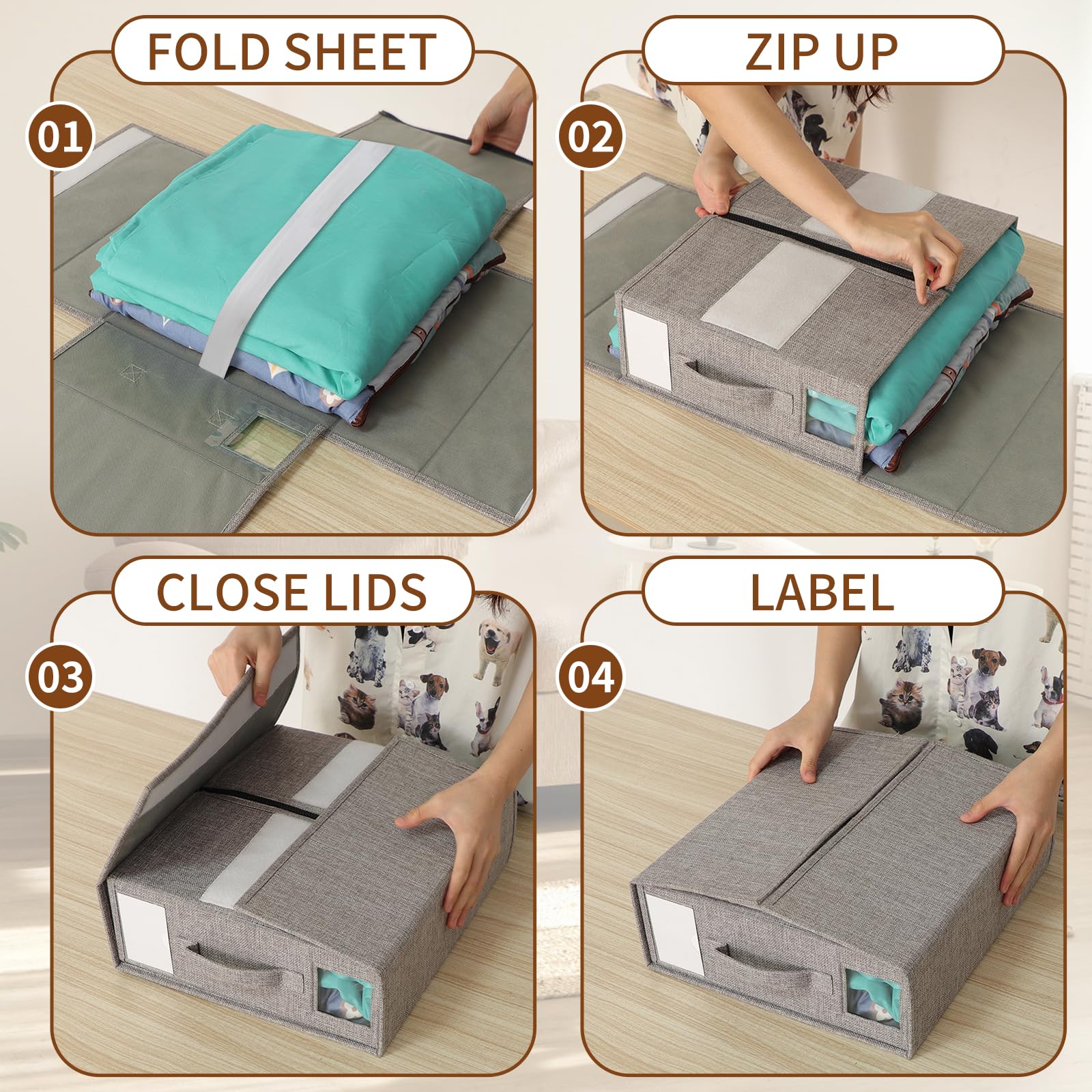 BUFOR Foldable Sheet Set Organizer, Bed Sheet Storage Organizer with Visual Window, (Queen & King Size) Sheet Storage Box (6 Pac