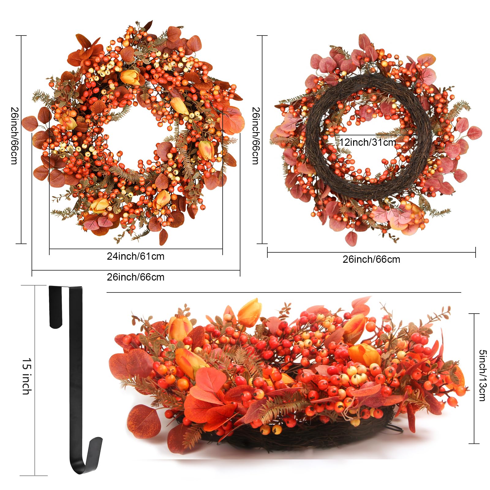 DFRREN 26 Inch Thanksgiving Fall Wreath, Autumn Wreaths for Front Door Fall with Maple Leaves,Oak Leaves,Flowers,and Berries, fo