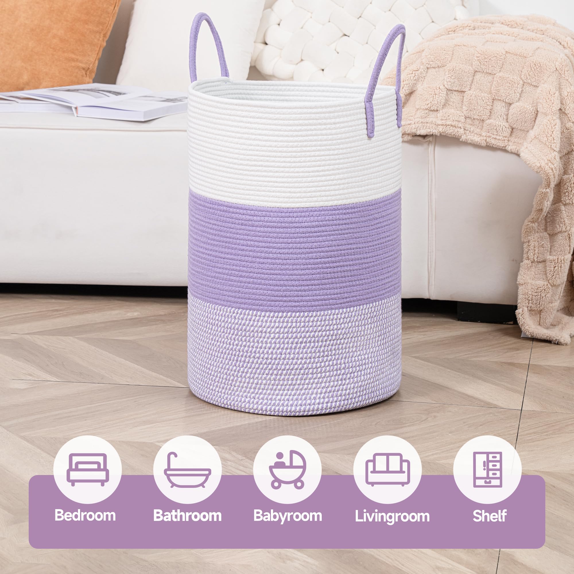Clhmily&Z 60L Laundry Basket Round Storage Rope Basket - 15X20.5 Inches - Lavender Hamper In Bedreoom And Cute Storage Bin For B