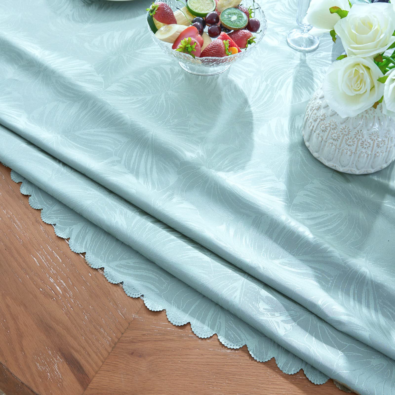 Jacquard Round Tablecloth 50 Inch Blue Tablecloth Leaves Pattern Scalloped Edge Silky Soft Table Cloth Waterproof Wrinkle Resist