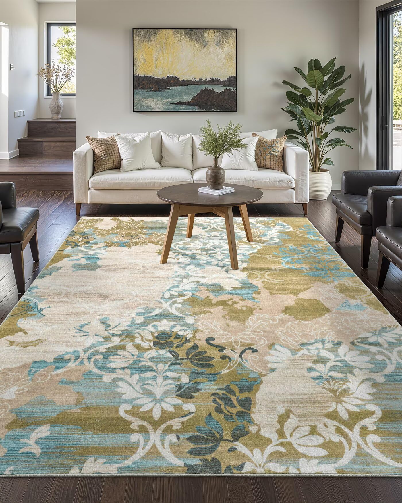 Macgace Washable Abstract Rug, 5x7 Willow Green and Blue Floral Area Rugs with Non-Slip Rubber Backed for Bedroom, Low Pile Mode