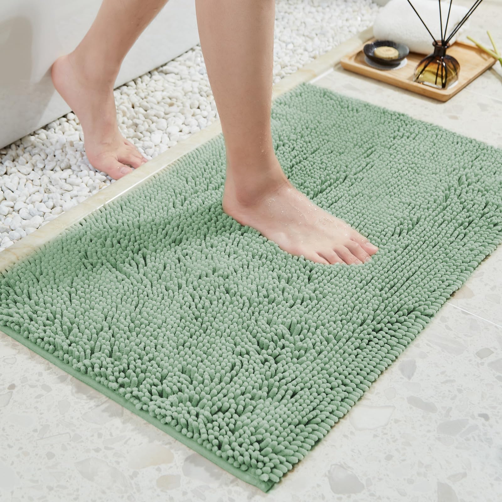 Chenille Soft Plush Bath Rugs for Bathroom  32''x20'' Non-Slip Absorbent Machine Washable Bathroom Fluffy Carpet Mats for Shower Floor and Bathtub - Seaform Green