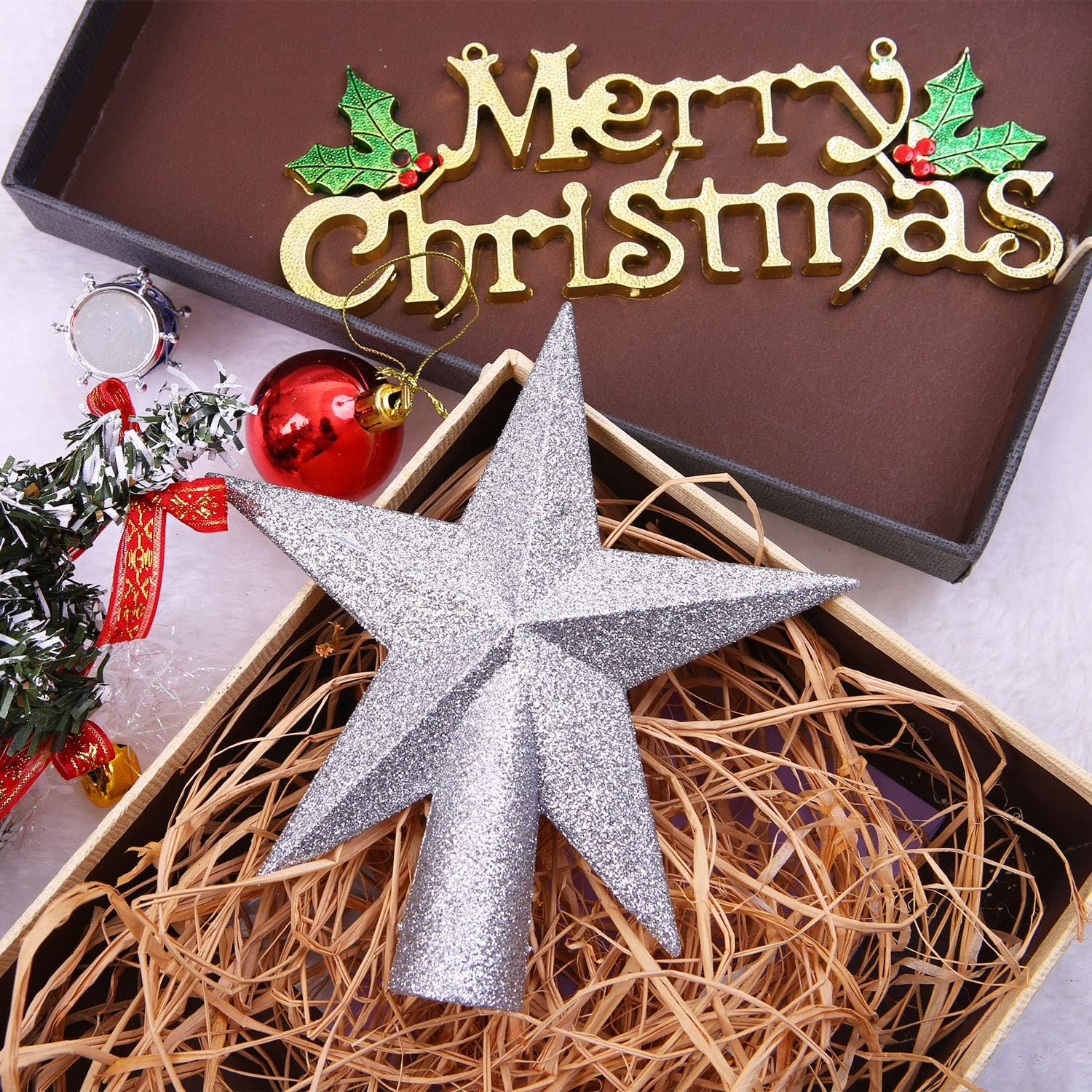 Aneco Glitter Silver Christmas Tree Topper 6 Inch Shatter-Proof Christmas Tree Decoration Treetop for Holiday Ornament or Home D