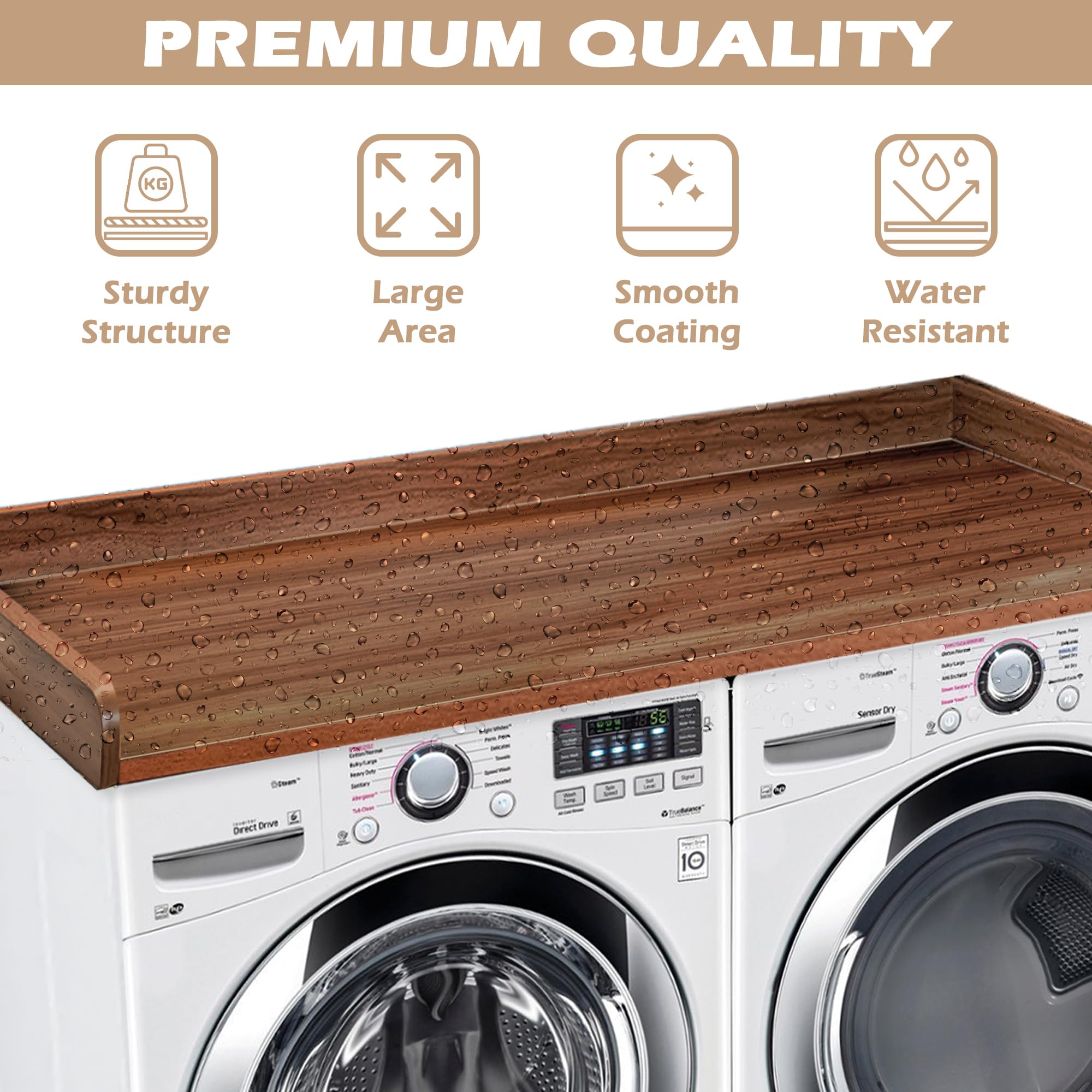 Royxen Washer Dryer Countertop Solid Wood With Polyester Coating, Laundry Countertop With Edge Rails - 27.5'' Depth X 54'' Width