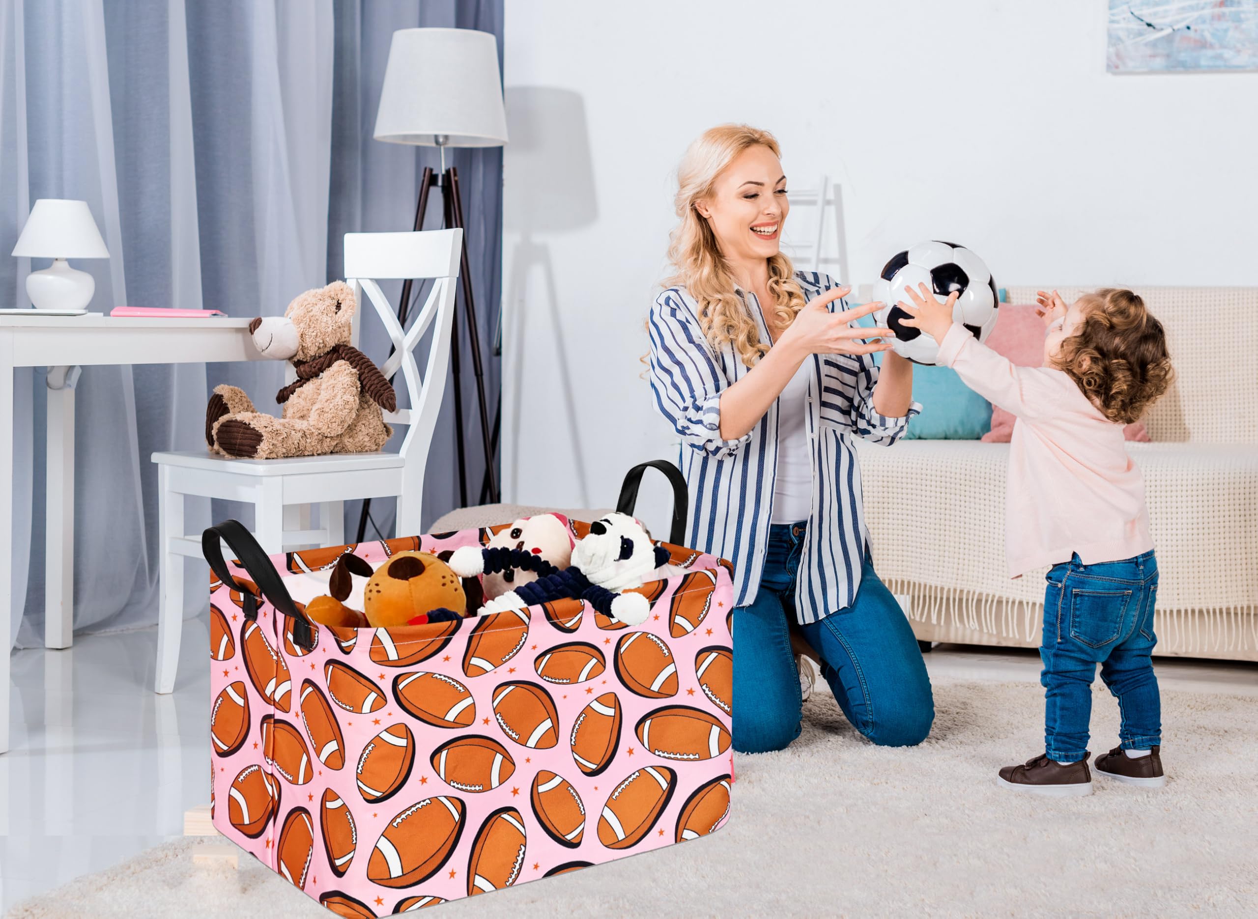 KUNRO Rugby Pink Balls Pattern Storage Shelf Basket Baby Storage Bin, Kids Toy Basket Organizer Box with Handles for Boy and Gir