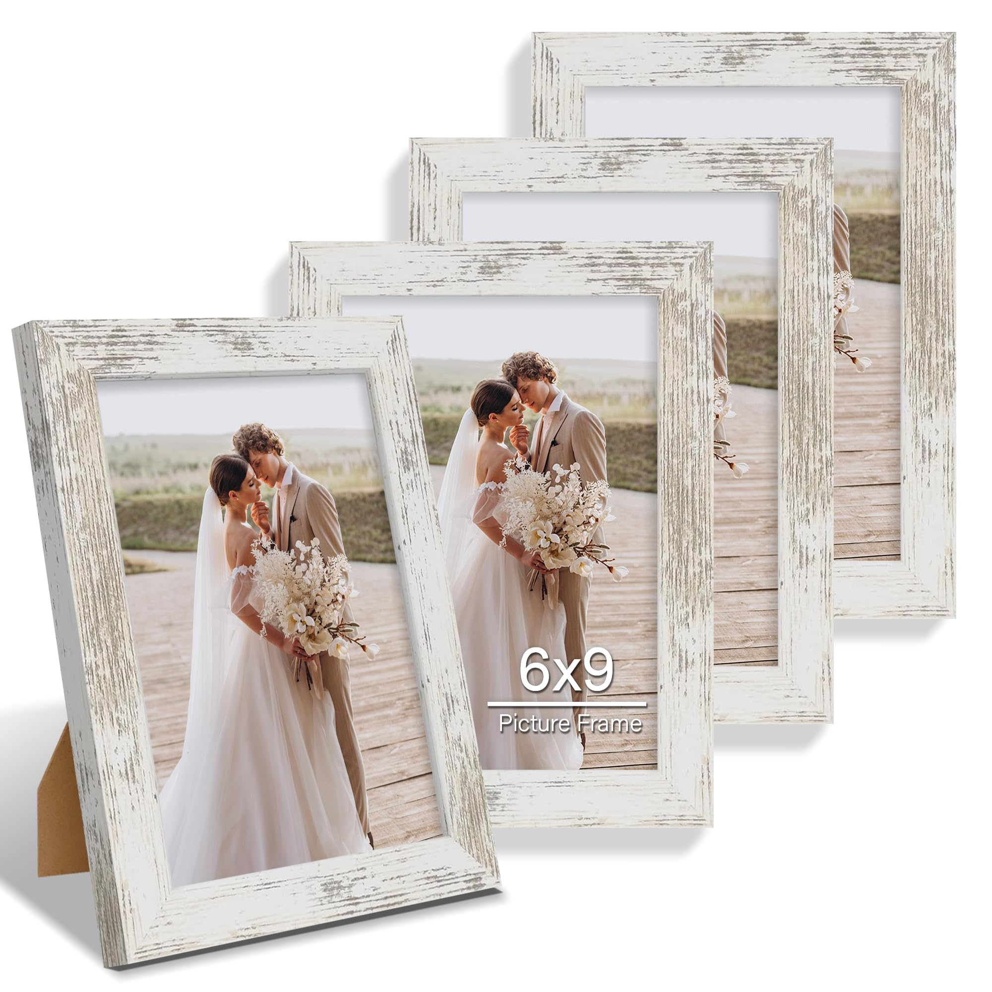 Hongkee 6x9 Picture Frame Set of 4, Made of Real Glass and Distressed White Wooden Frame - 6 by 9 Photo for Wall or Tabletop Dis