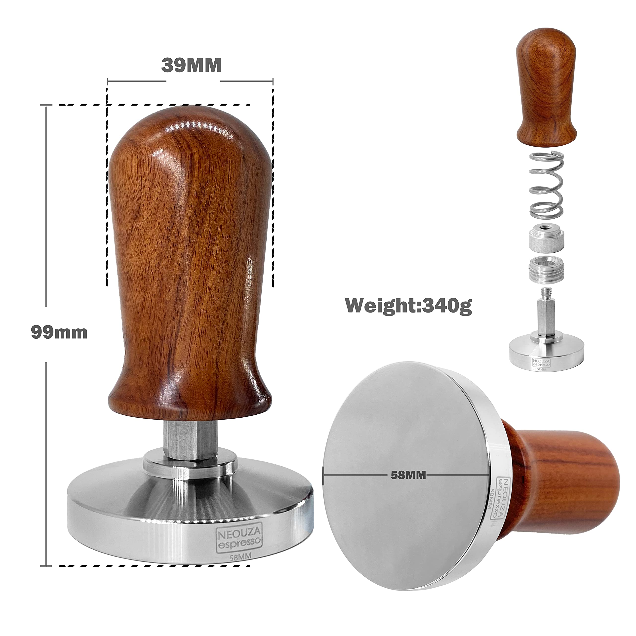 Neouza 58Mm Calibrated Espresso Tamper,Coffee Tamper With Wooden Handle And Spring Loaded Flat,Stainless Steel Base