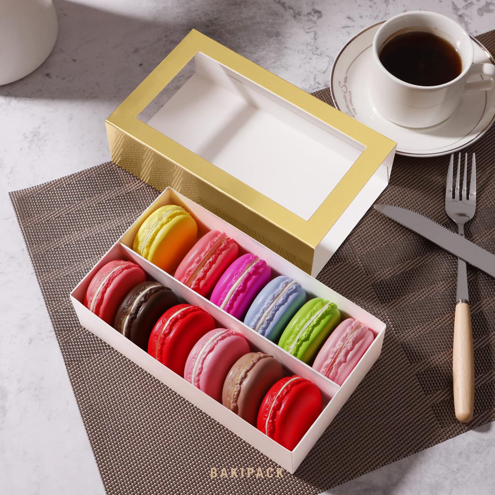 BAKIPACK Macaron Boxes - 15 Gold Macaron Gift Boxes with Clear Window, Interior 7.3x4.2x1.9 Inches