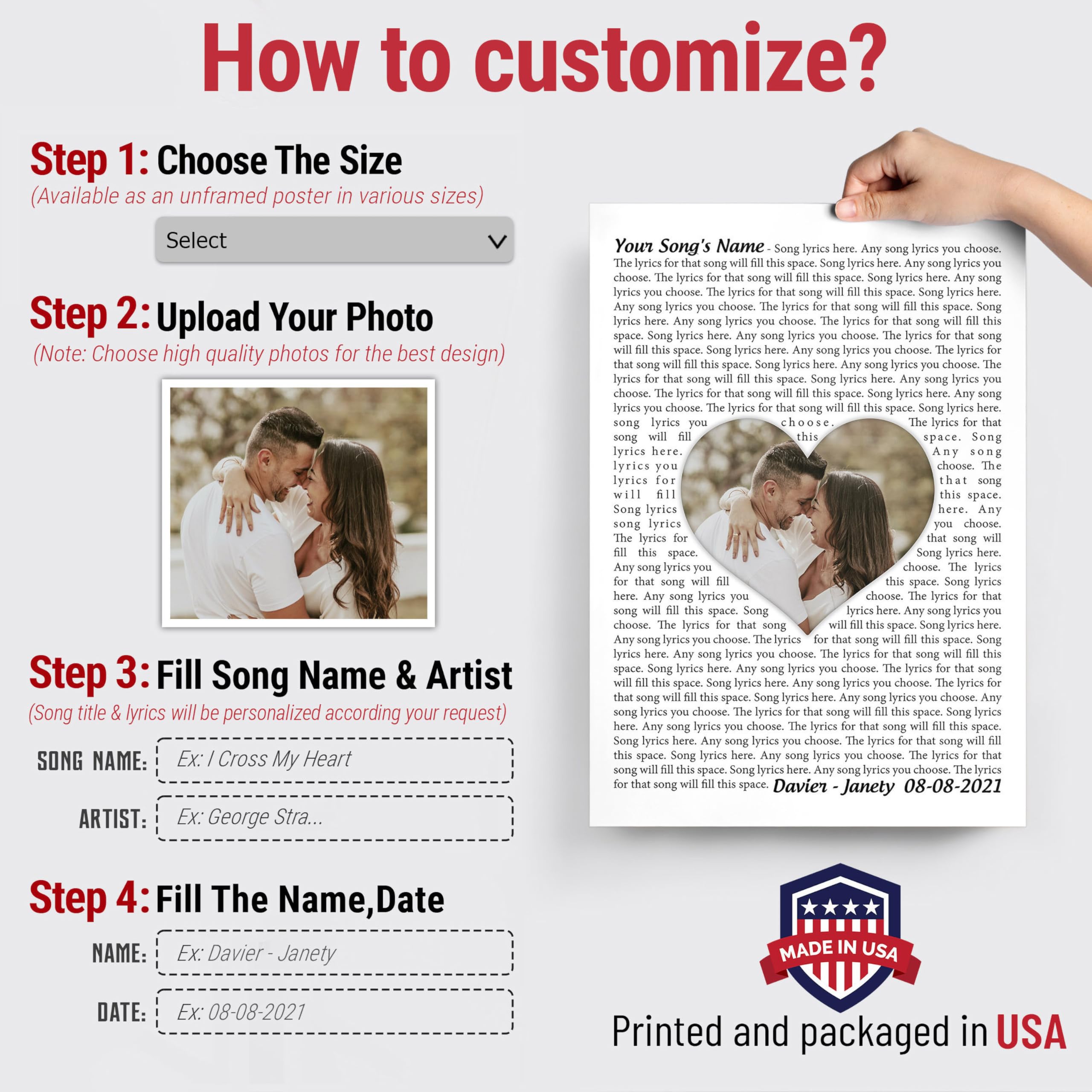 H-Dewall Personalized Song Lyrics Poster Photo Couples Gifts For Boyfriend Customized Canvas Framed Photo Picture Gifts For Him