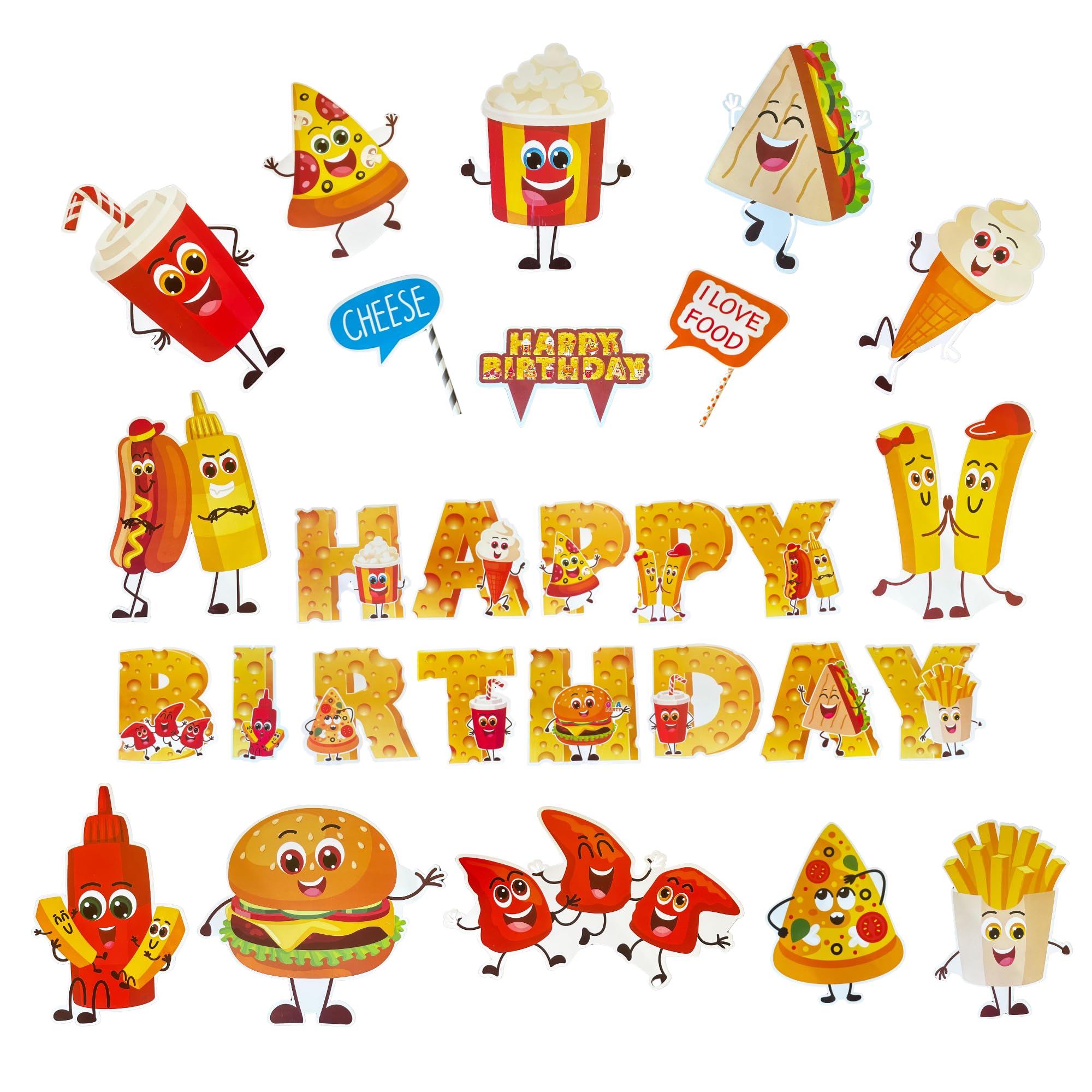 FI  FLICK IN 16 pcs Happy Birthday Food Theme Decoration Set Fast Food Figure Cutouts Props Cake Topper Birthday Decor Kit (Pac