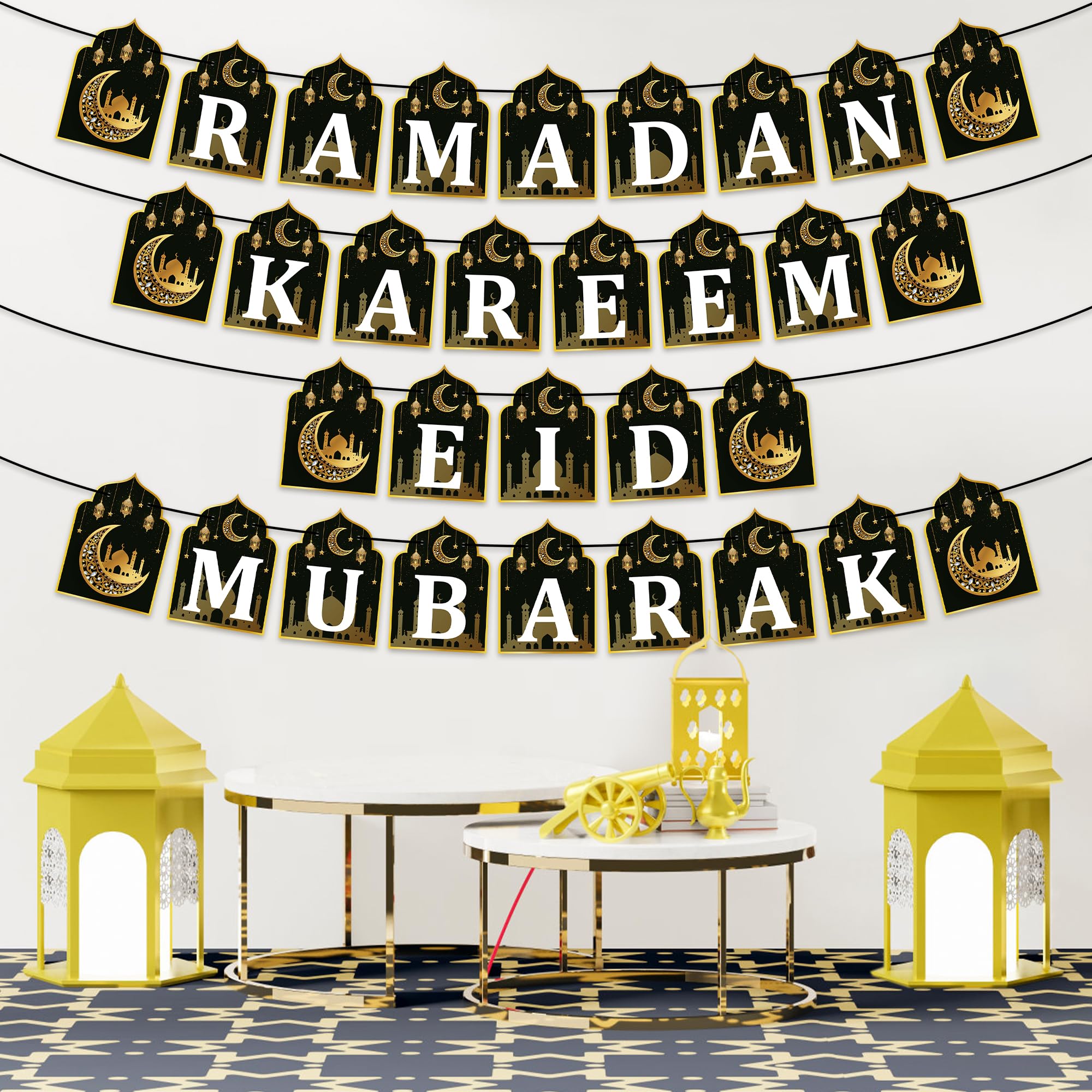 Watinc 4Pcs Ramadan Kareem Banner Eid Mubarak Decoration, Ramadan Hanging Banners Decor, No Diy Needed Eid Mubarak Al-Fitr Iftar