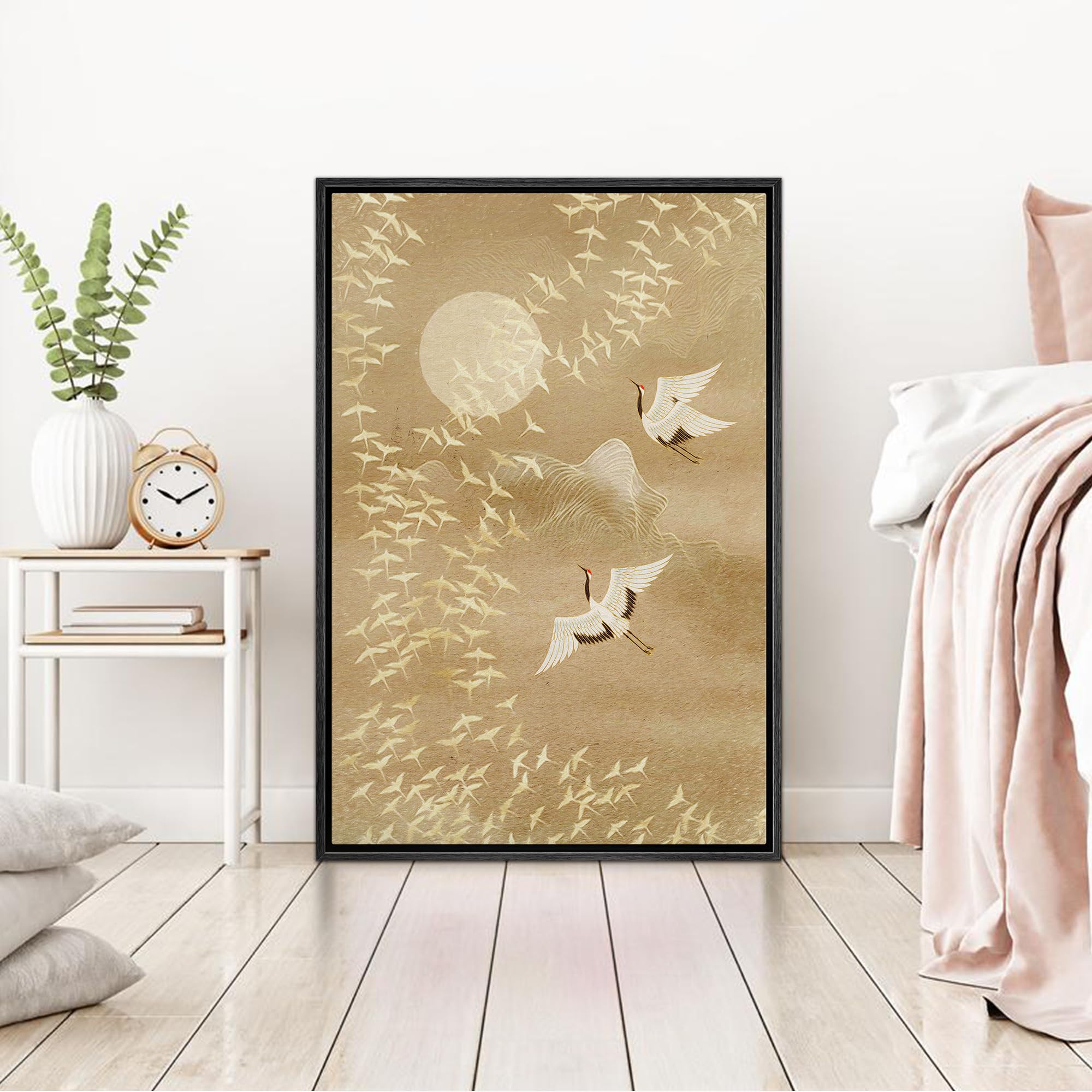 NWT Framed Canvas Print Wall Art Watercolor Crane Birds Flying Nature Wilderness Illustrations Modern Art Decorative Landscape Rustic Zen Colorful for Living Room  Bedroom  Office - 24''x36'' Black