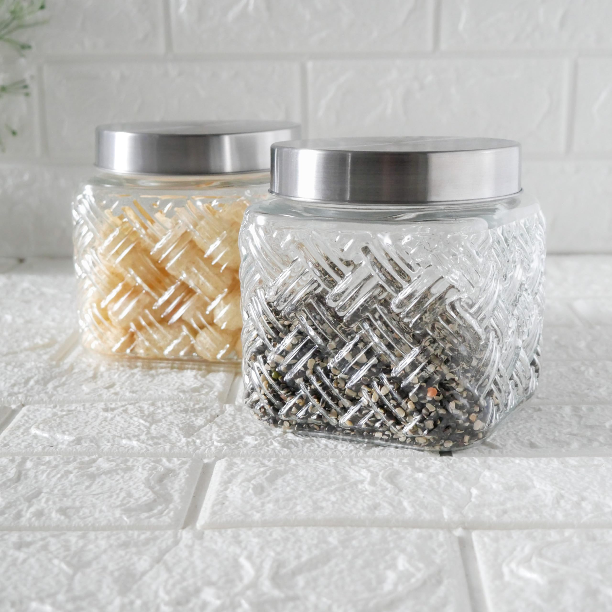 Femora Embossed Square Glass Jars For Kitchen| Kitchen Storage Jars| Steel Lid Glass Jars| 1 Year Warranty| Airtight| Jars For S