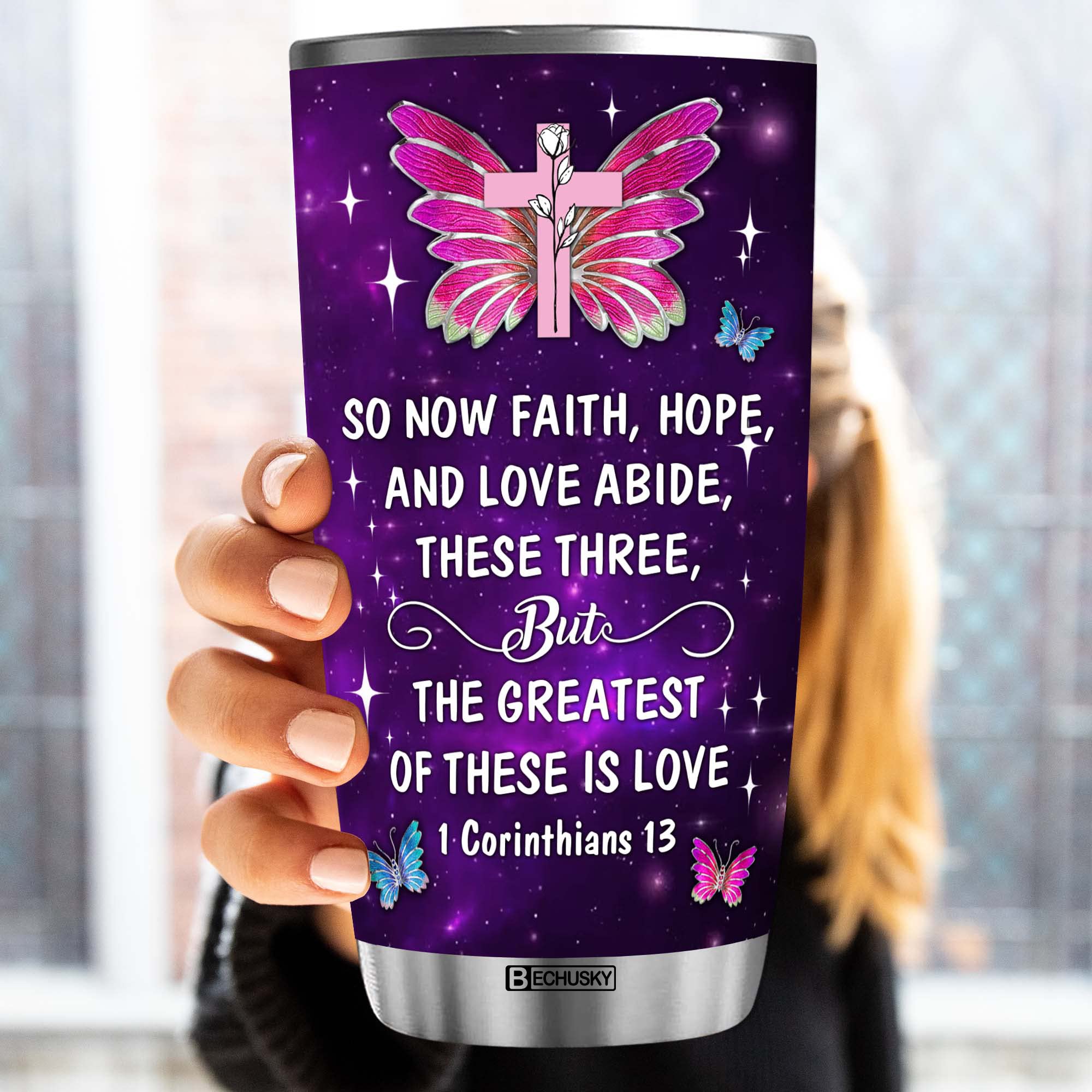 Bechusky Personalized Christian Tumbler, Christian Gift For Wonen, Butterfly Faith Hope Love Mug, Custom Name Bible Verse Christ