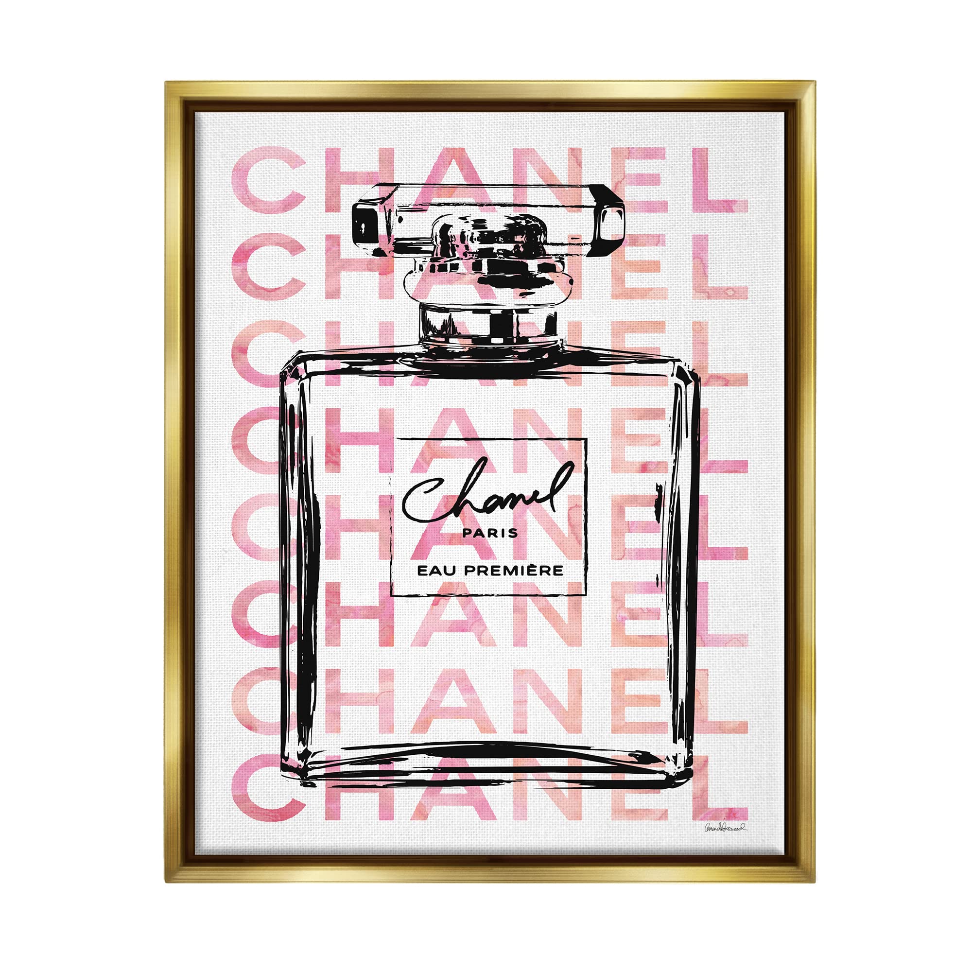 Stupell Industries Glam Perfume Bottle With Words Pink Black, Design By Amanda Greenwood, Gold Floater Framed, 16 X 20