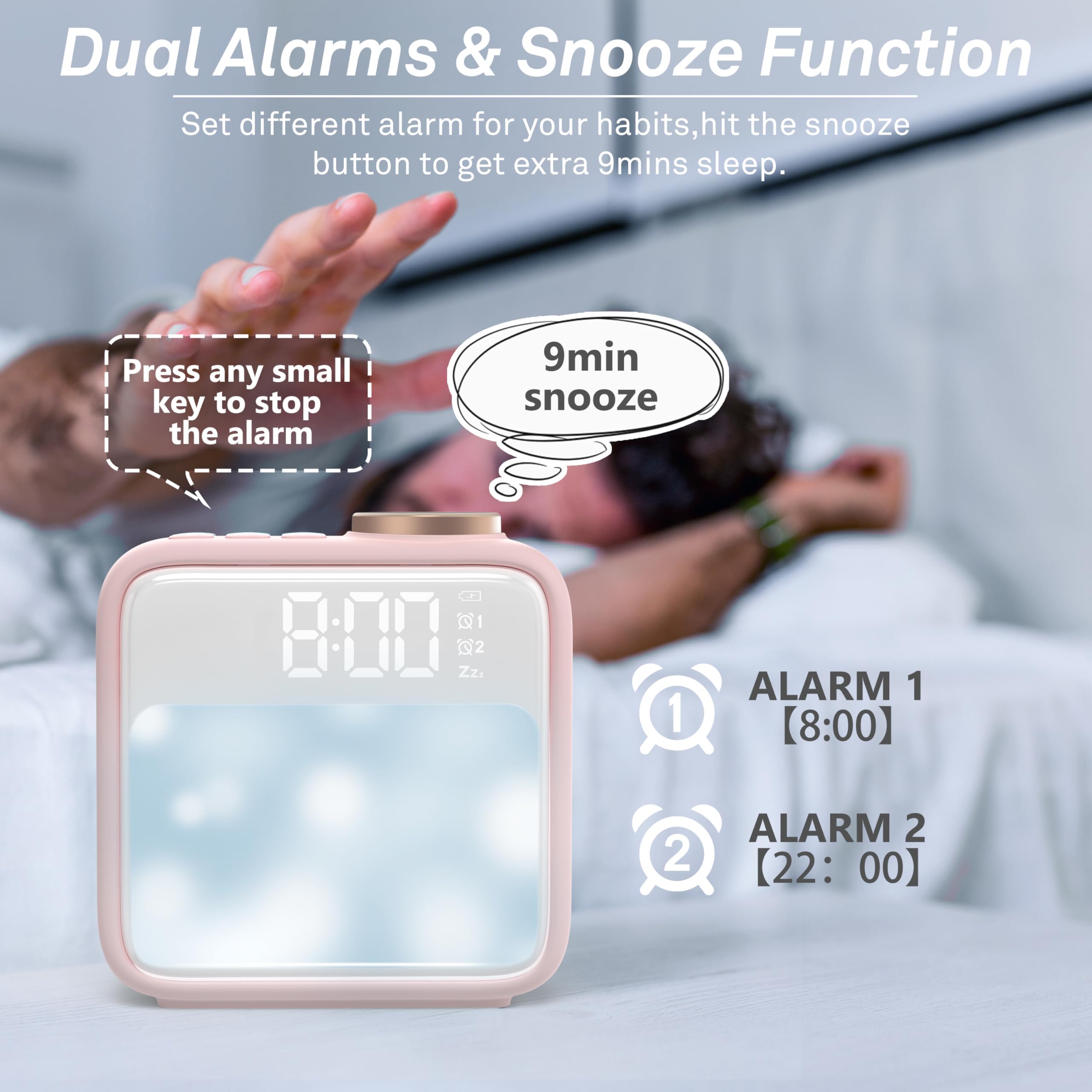 AIRIVO Alarm Clock Night Lights, Rechargeable Alarm Clock for Bedrooms, 6 Scenes & White Noise Sync, Dual Alarms & Snooze, for H
