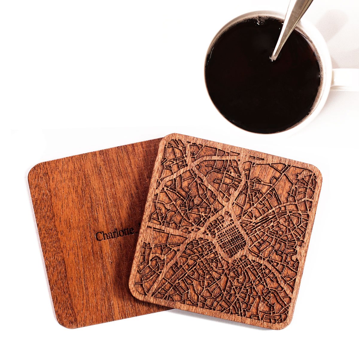 Charlotte, Nc Map Coaster By O3 Design Studio, Set Of 4, Sapele Wooden Coaster With City Map, Handmade