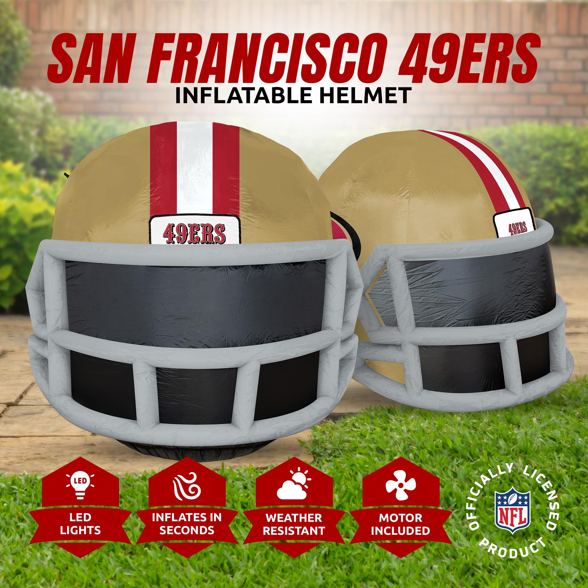 Sporticulture NFL San Francisco 49ers 4ft Inflatable Helmet with LED Lights & Built-in Blower - Merchandise Decor Ideal for Lawn