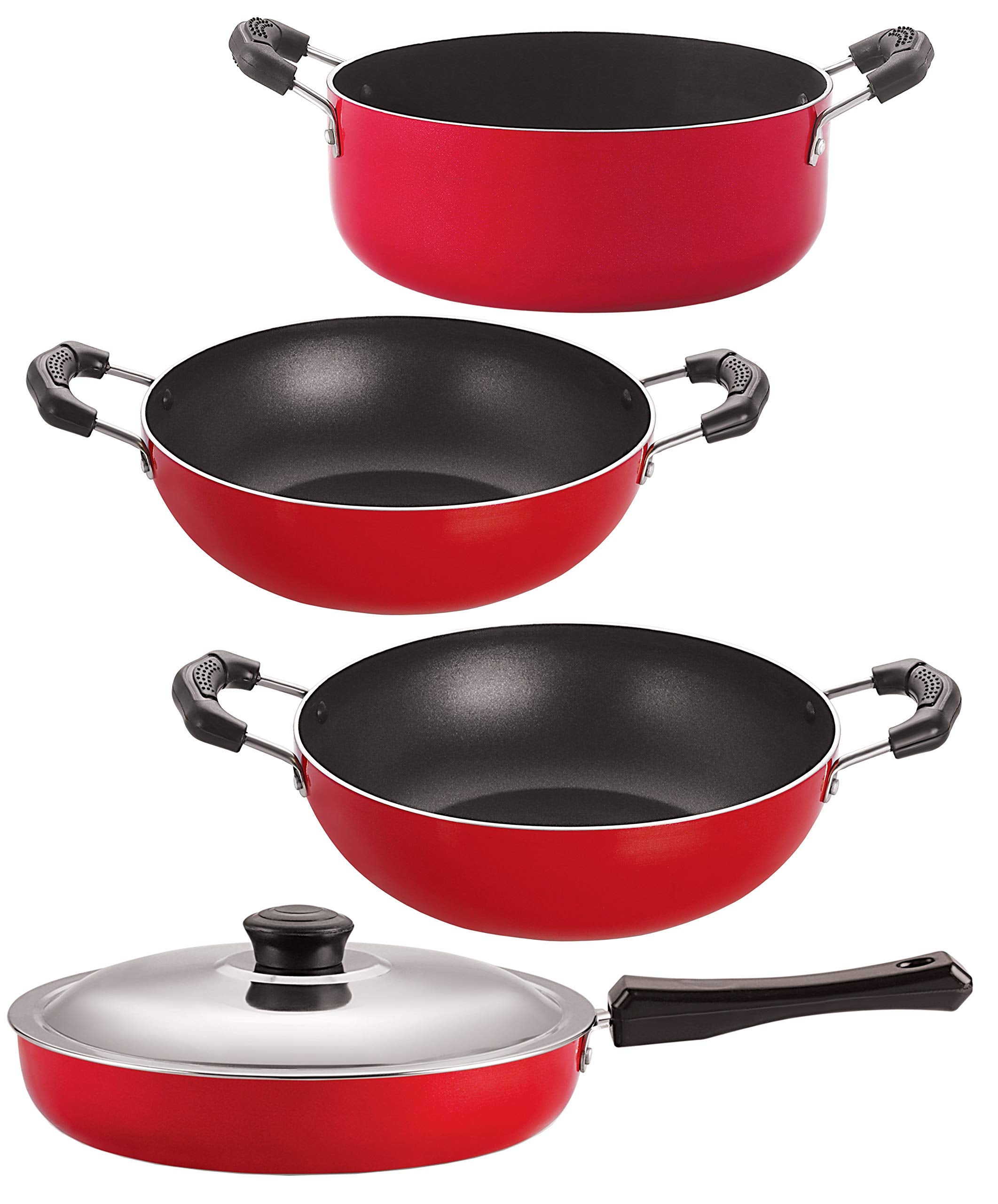 Nirlon NonStick Aluminium Cookware Set Of 4 Pieces Red Color (Fp12_Kd13_Kd14_Cs24)