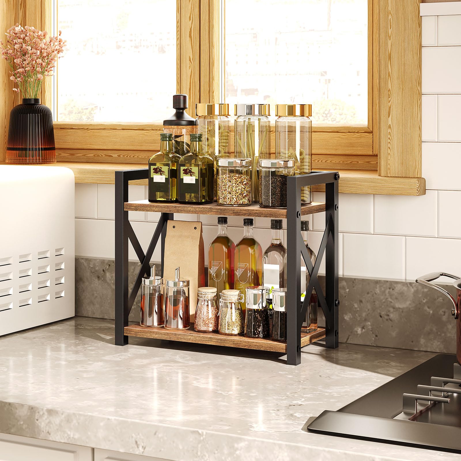 Yatiney 2-Tier Spice Rack, Counter Shelf Organizer, Countertop Storage Shelf, Industrial Kitchen Spice Rack Organizer, For Kitch
