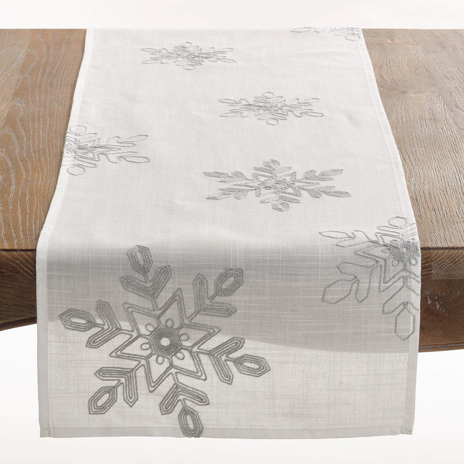 Fennco Styles Nivalis Collection Holiday Embroidered Snowflakes 16 X 108 Inch Table Runner - Silver Table Runner For Christmas D