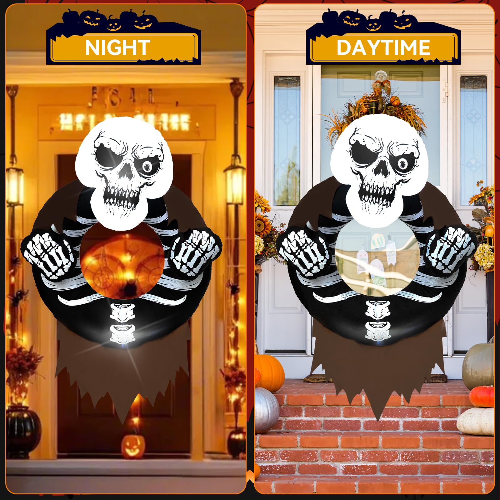 Halloween Inflatable, SHDEJTG 7FT Skull Wreath Inflatable Decoration, with Suction Cup and Hanging Rope, with LED Lights Built-i