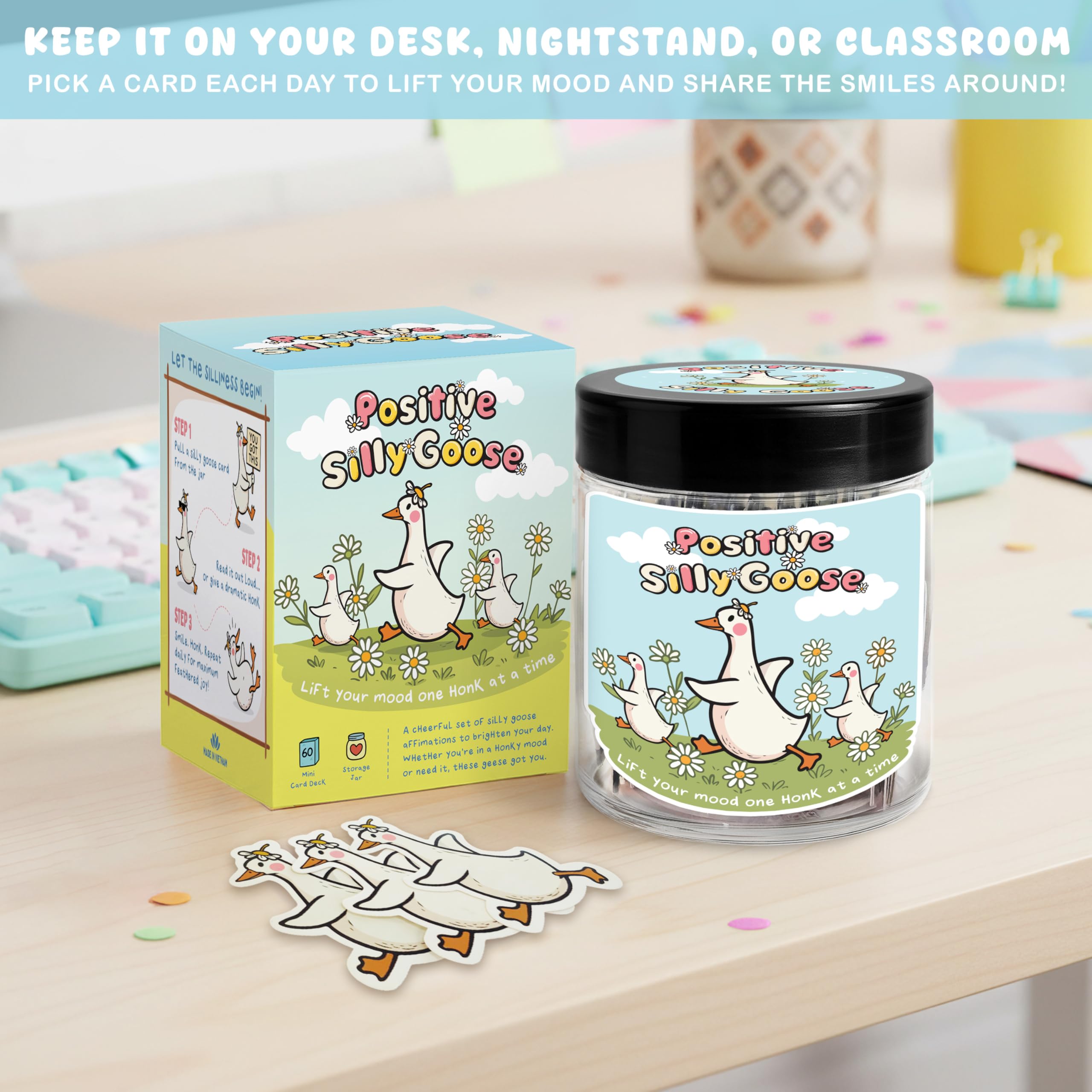 Positive Goose Jar with 60 Affirmation Cards, Emotional Support Goose, Silly Goose Gifts For Women, Mini Desk Goose, Stocking St