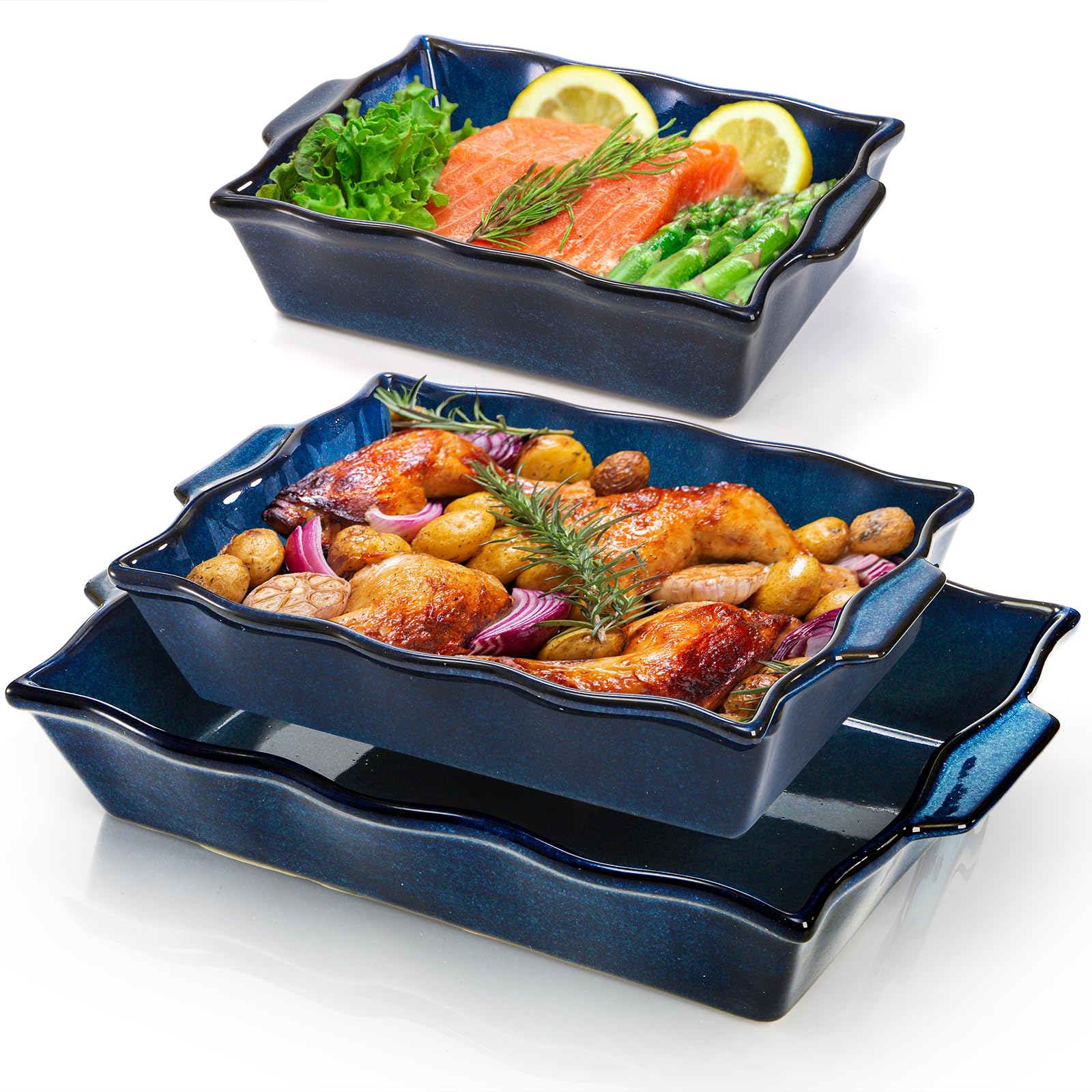 Peohud 3 Pack Casserole Dishes for Oven, Ceramic Baking Dishes with Handles, Heavy Duty Rectangular Lasagna Pan, Porcelain Bakew