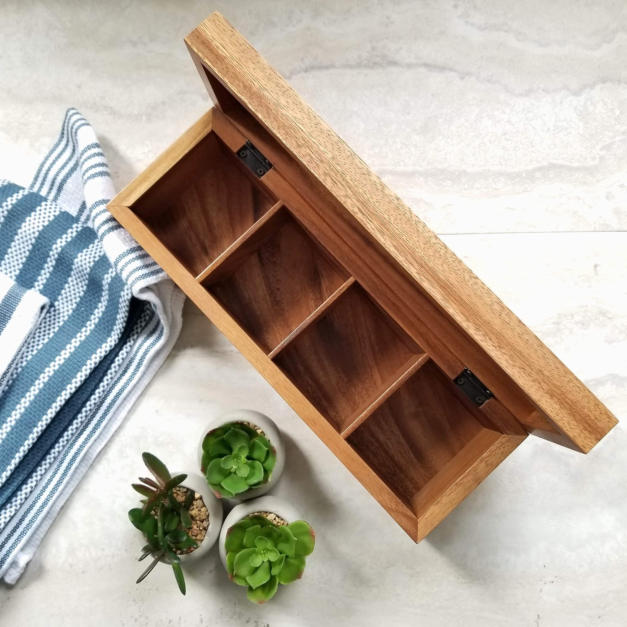 Lipper International Acacia Wood Tea Box With 4 Sections, 12-1/2'' X 4-1/8'' X 3-7/8''