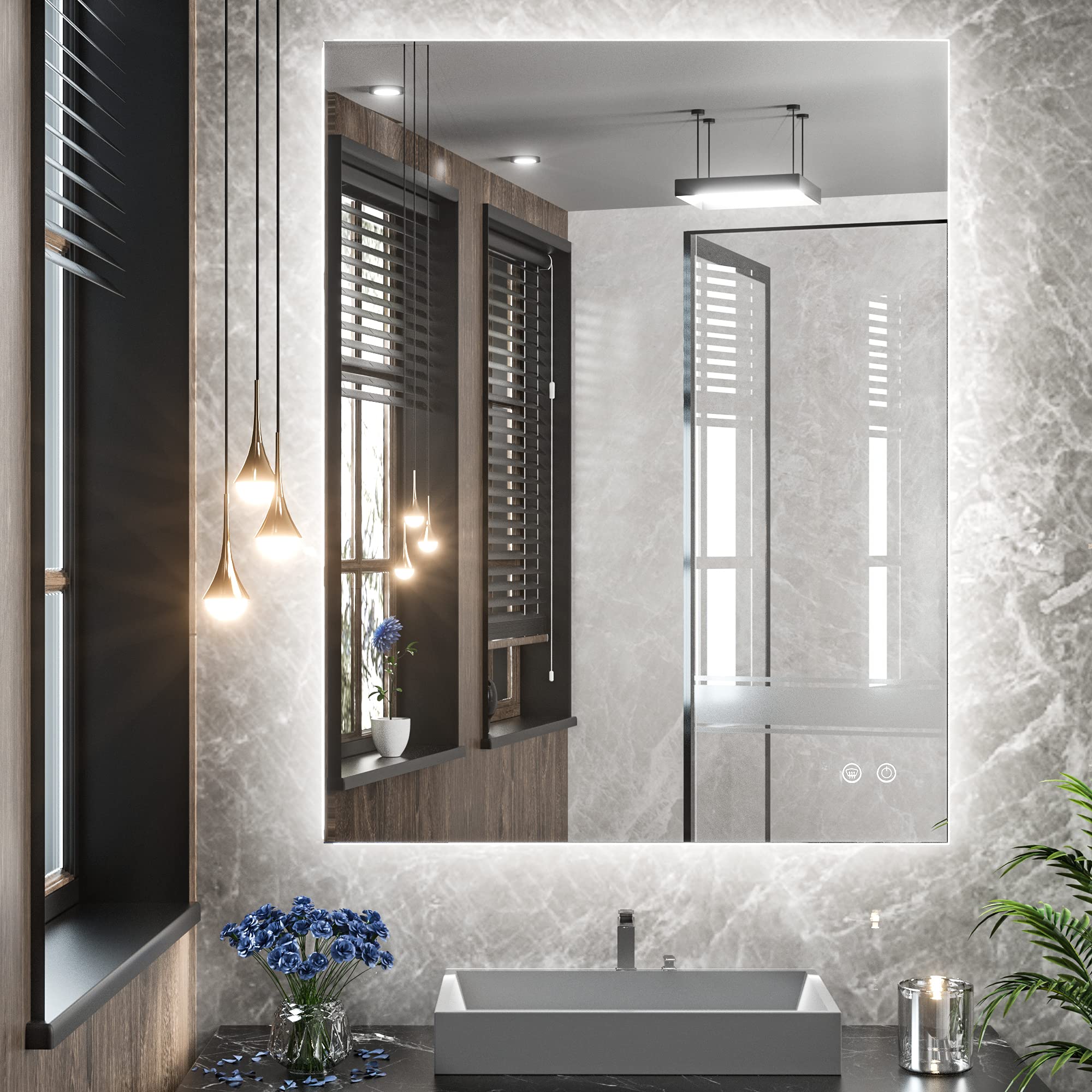 Tetote 24X32 Led Backlit Mirror Bathroom With Light,3Color White/Warm/Natural,Anti-Fog Lighted Mirror,Dimmable,Vanity Mirror,Wal