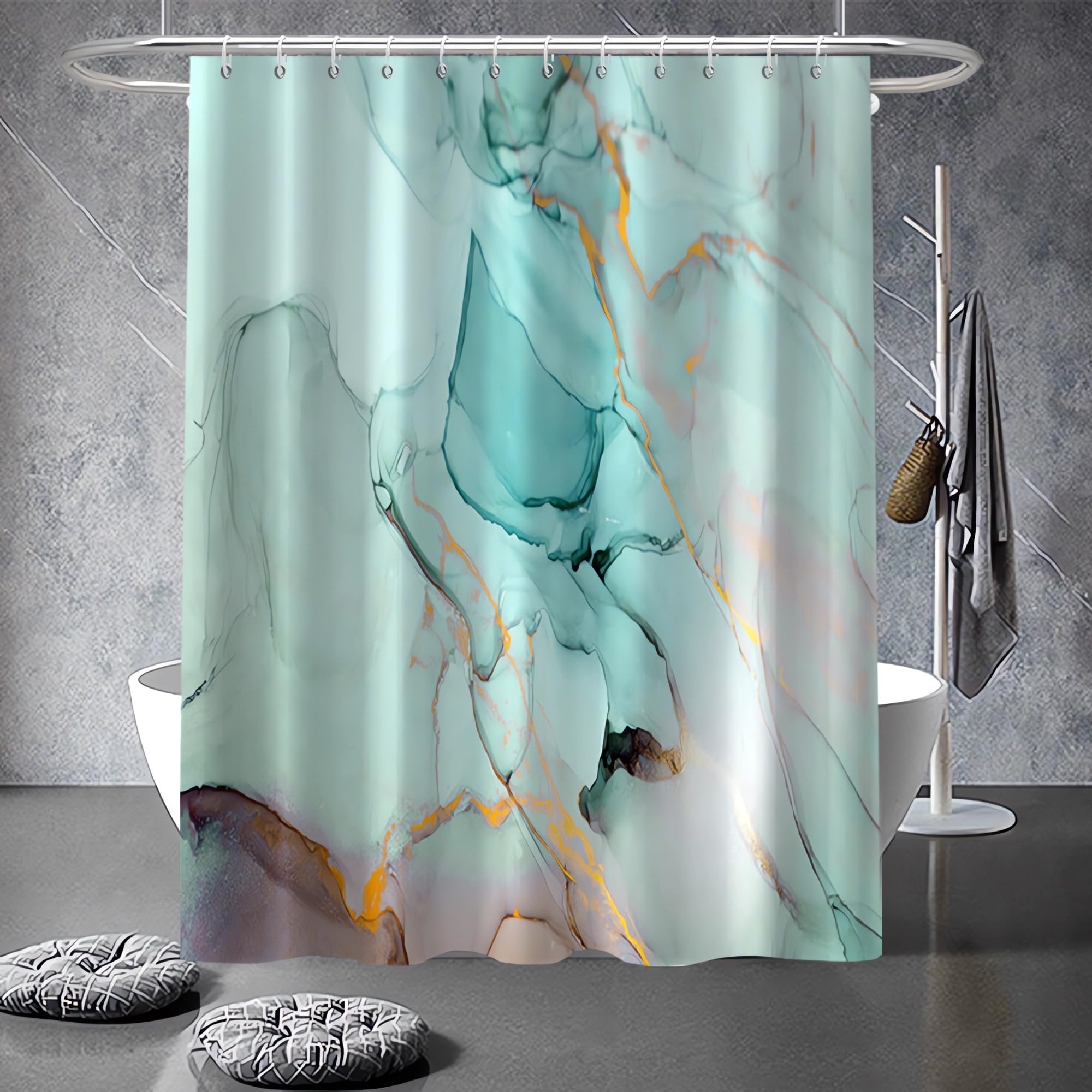 Ruelvth Green Shower Curtain, Modern Teal Marble Shower Curtain For Bathroom Aesthetic Ink Texture Waterproof Fabric Shower Curt
